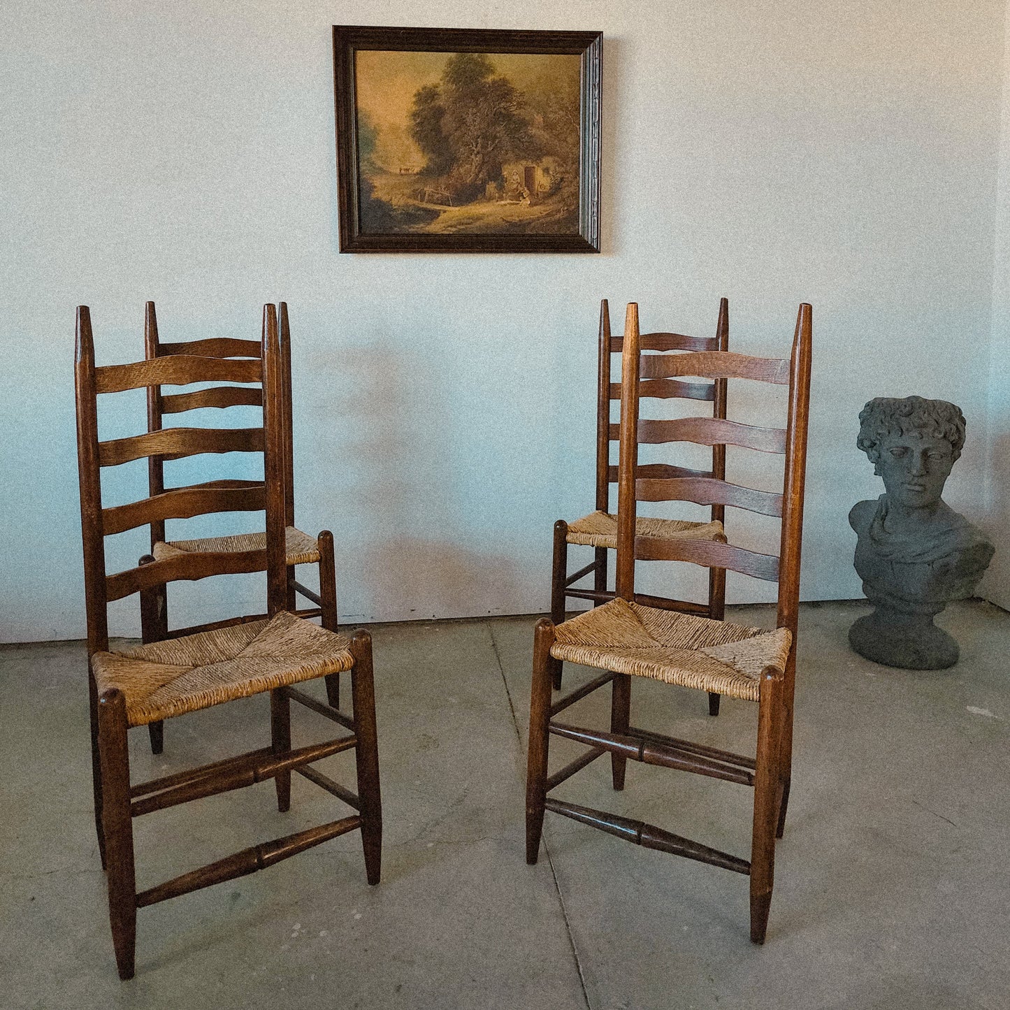 Primitive Set of 4 Rush Straw Ladderback Dining Chairs - Reclaimed Mt. Goods