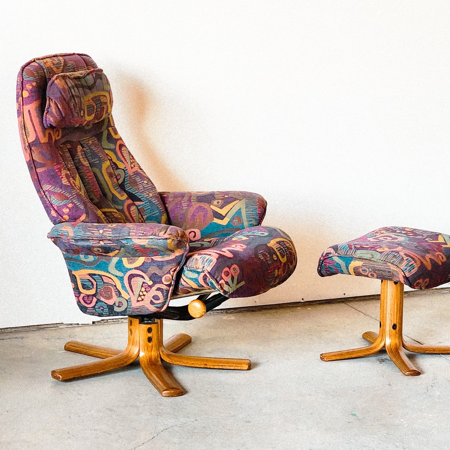 Vintage Norwegian Purple Patterned Recliner & Ottoman For Hjellegjerde Mobler - Reclaimed Mt. Goods