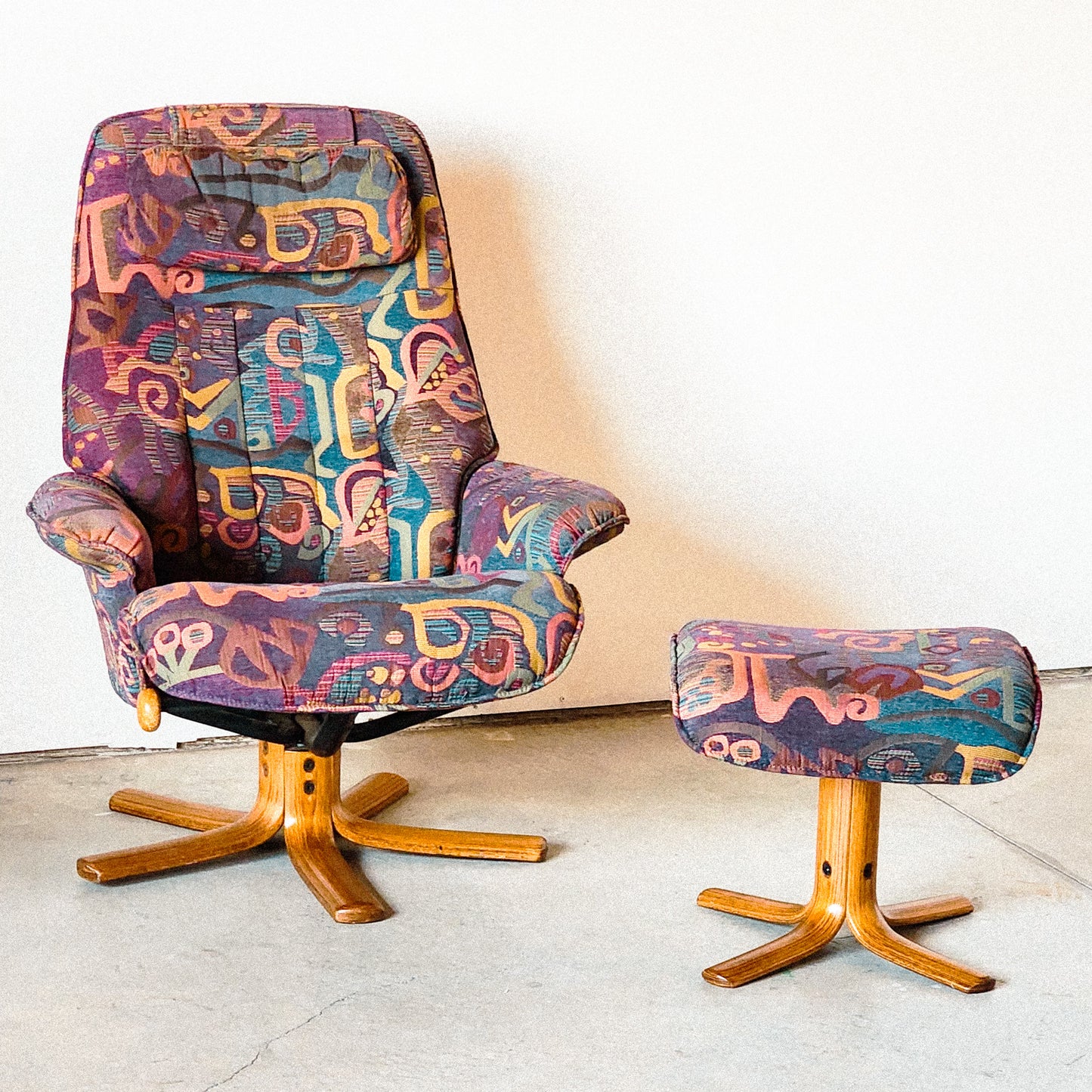 Vintage Norwegian Purple Patterned Recliner & Ottoman For Hjellegjerde Mobler - Reclaimed Mt. Goods