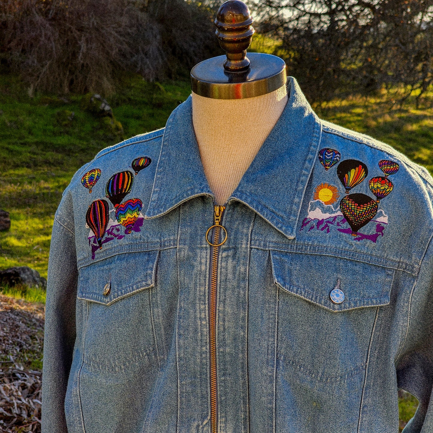 Vintage Hot Air Balloon Embroidered Denim Jacket (XL) - Reclaimed Mt. Goods