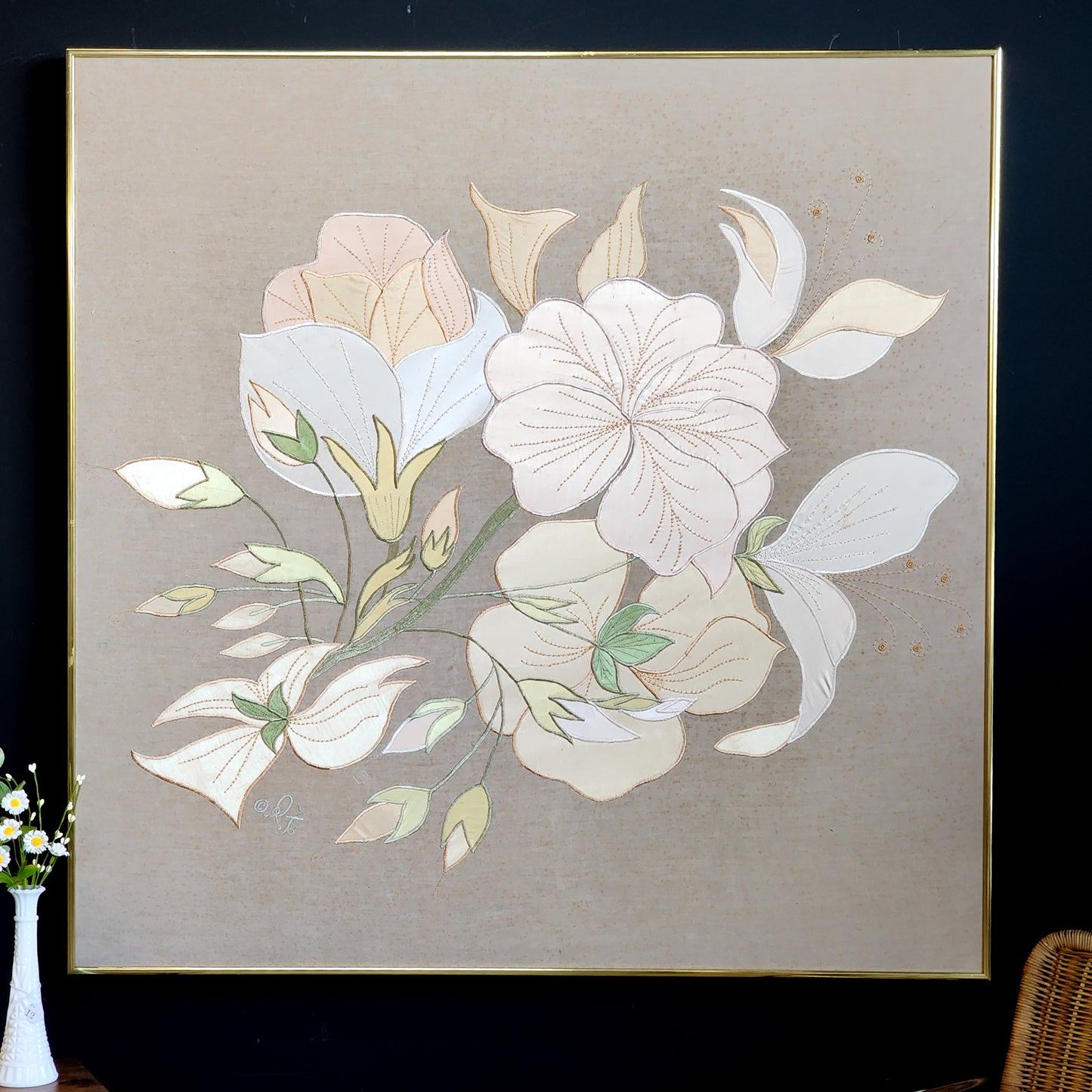 XL Stunning Vintage Postmodern Silk Floral Beaded Art - Reclaimed Mt. Goods