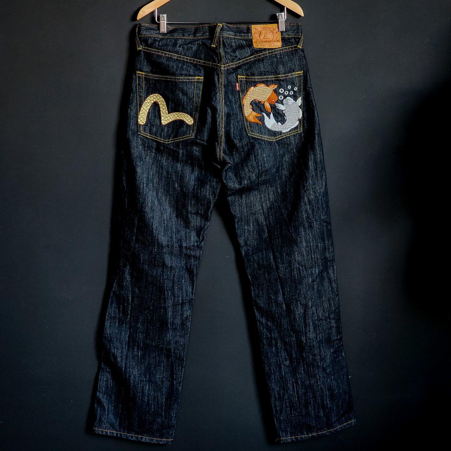 Rare Vintage Japanese "Evisu" Embroidered Koi Fish Wide Legged Y2K Baggy Denim Jeans (34x34) - Reclaimed Mt. Goods