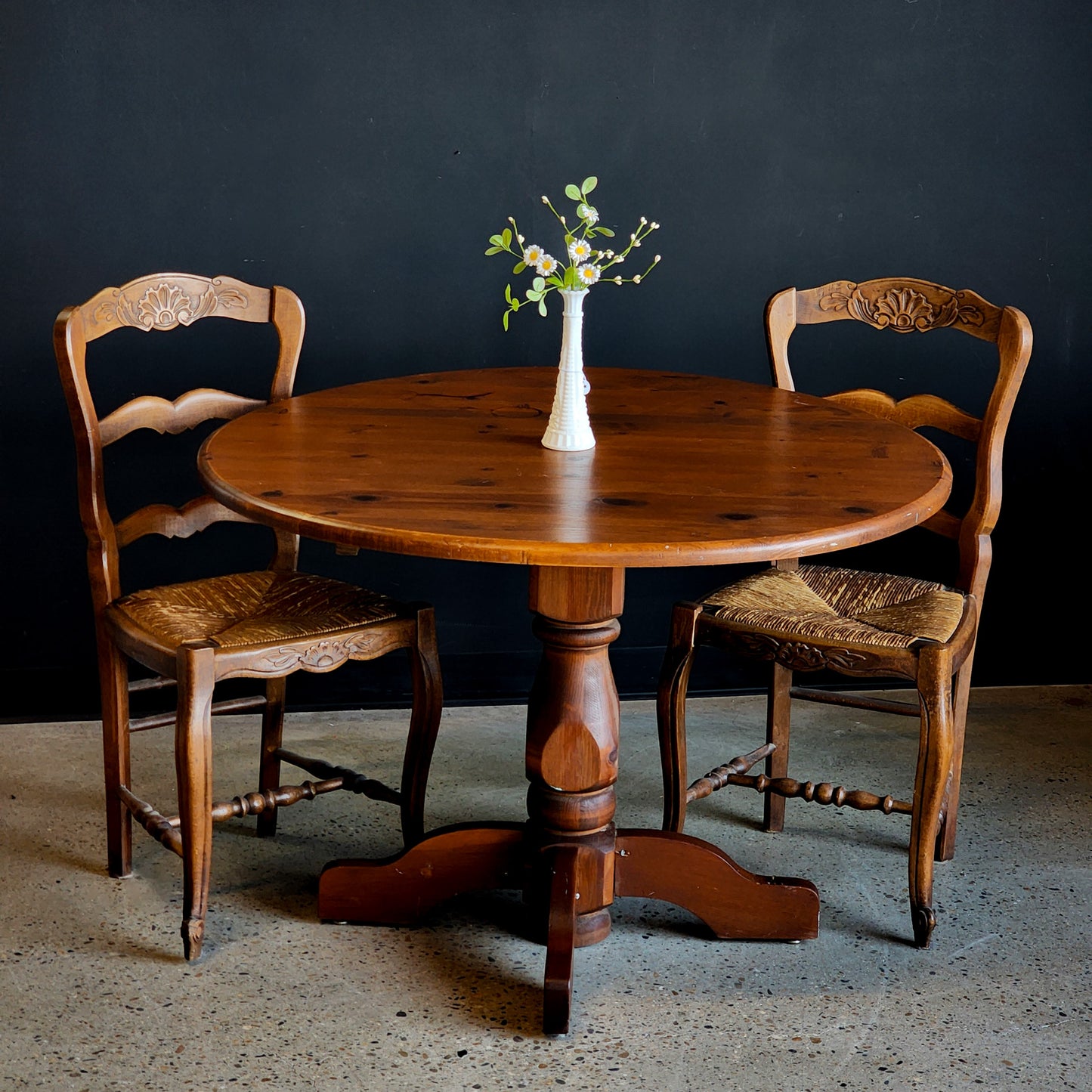 Round Dark Wash Knotty Pine Dining Table - Reclaimed Mt. Goods