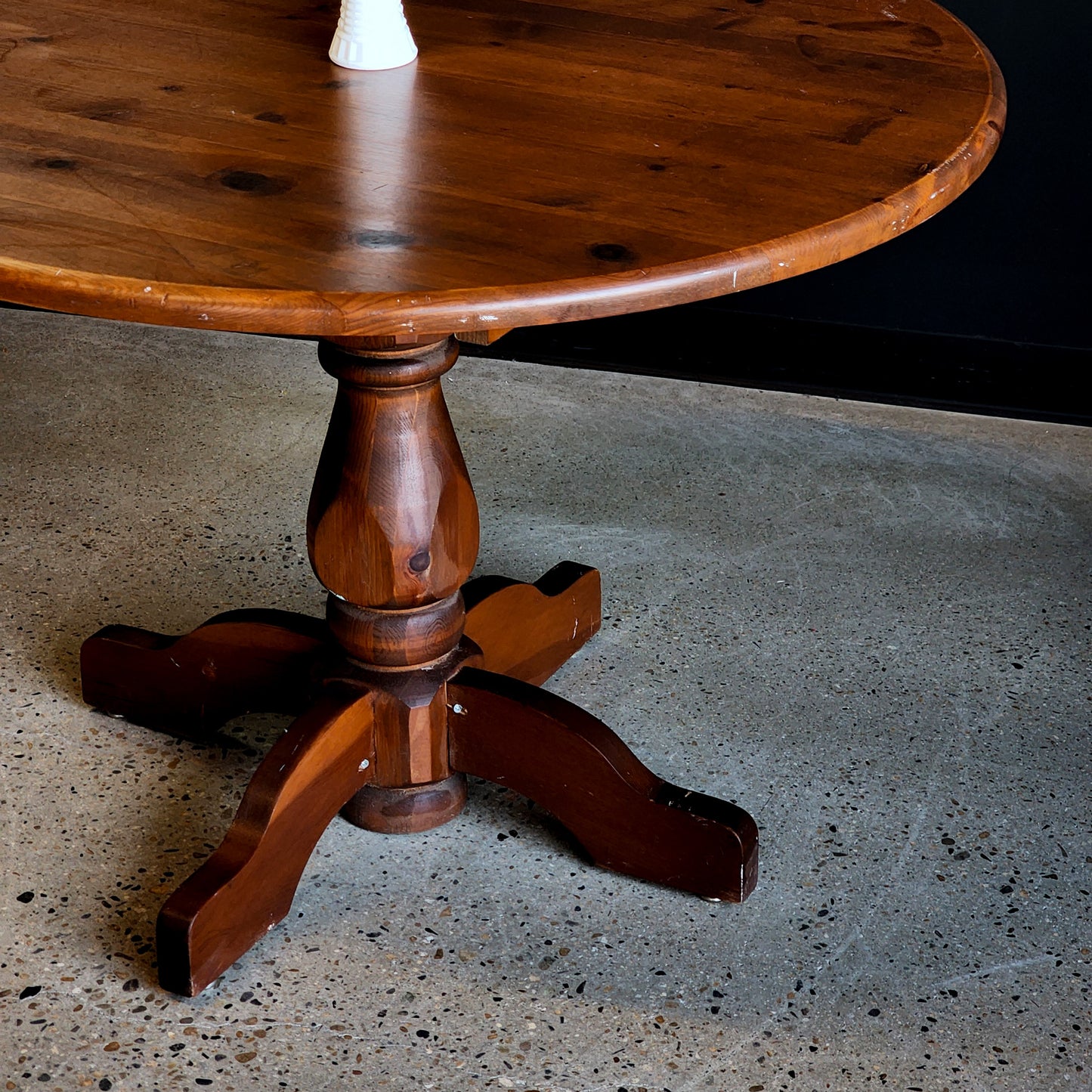 Round Dark Wash Knotty Pine Dining Table - Reclaimed Mt. Goods