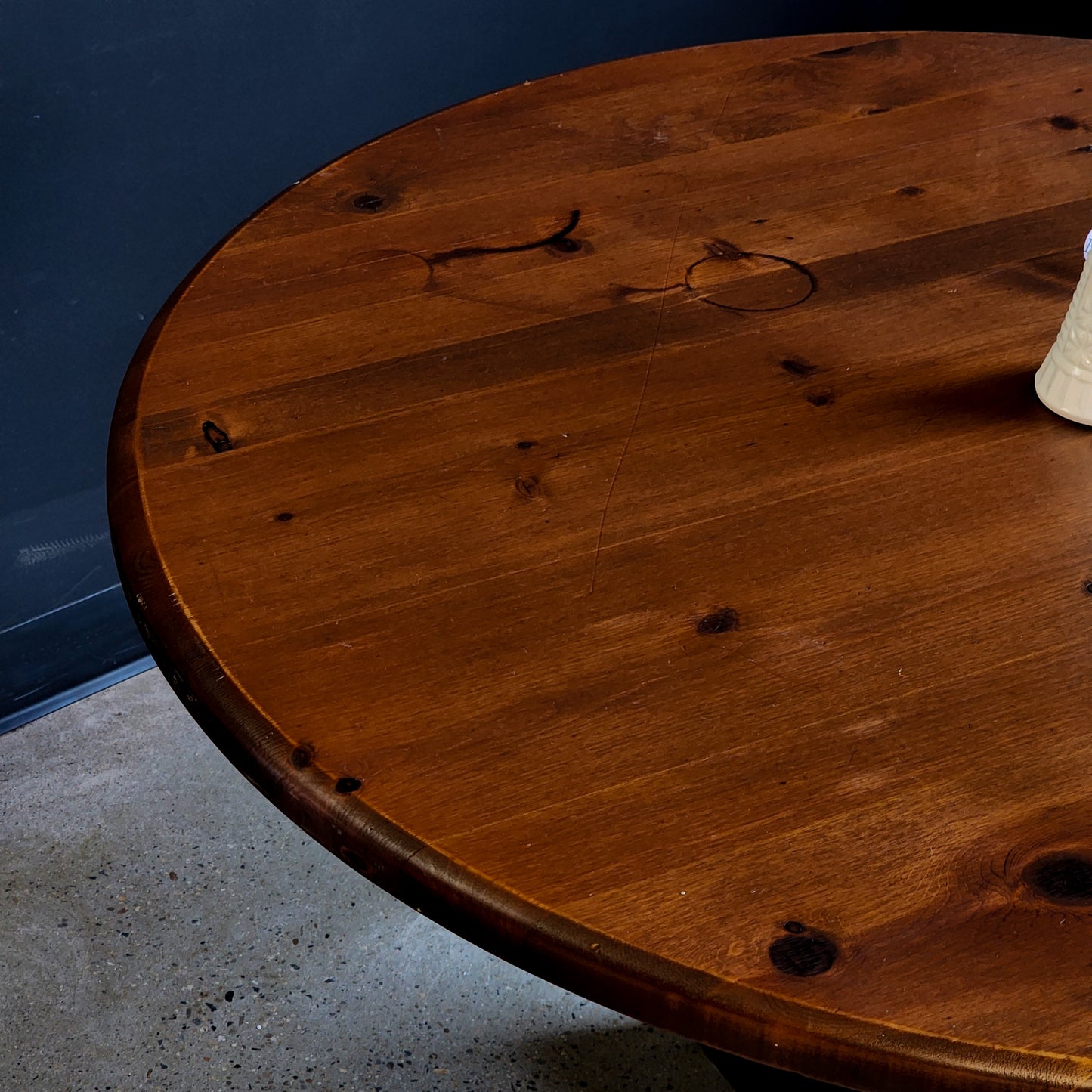 Round Dark Wash Knotty Pine Dining Table - Reclaimed Mt. Goods