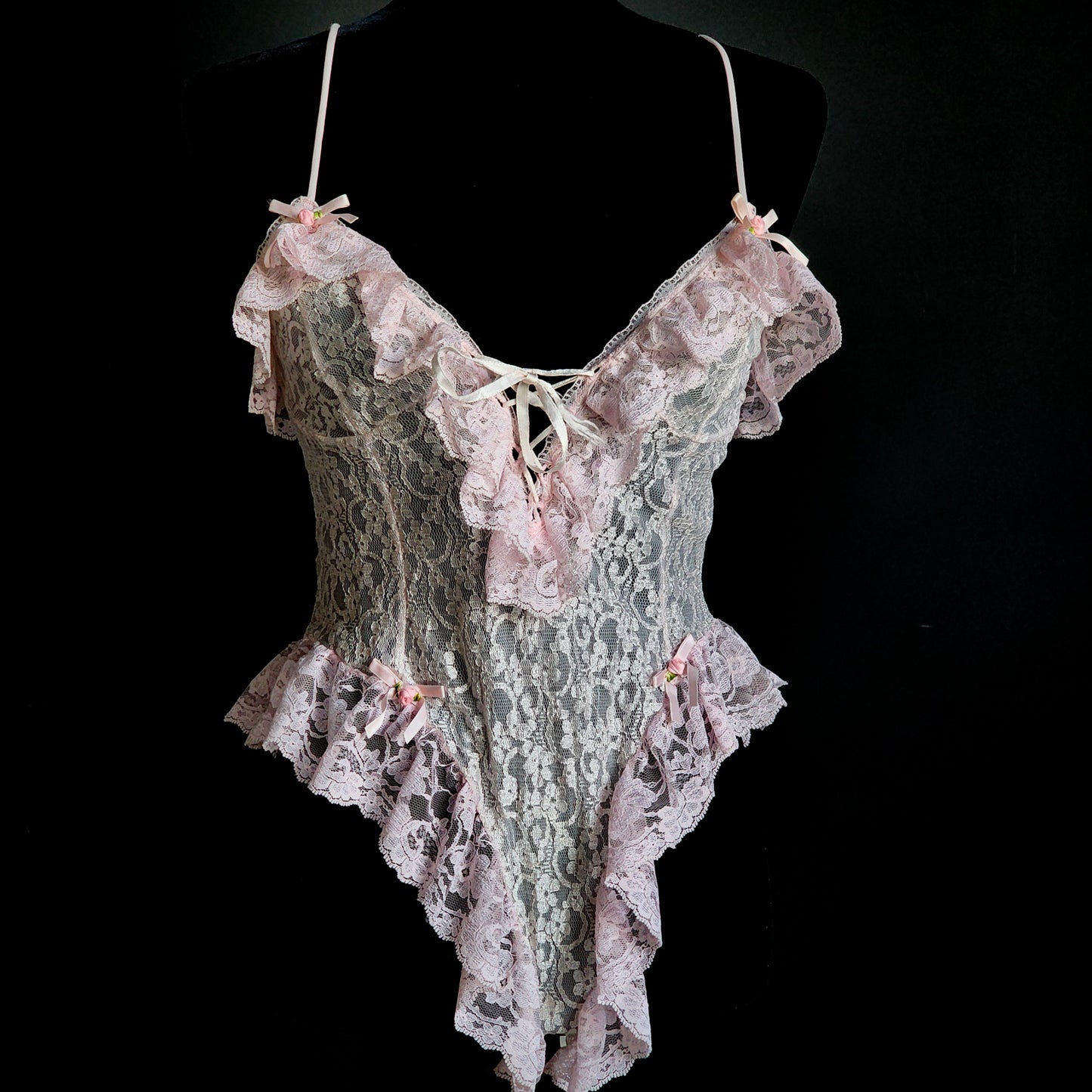Vintage Tosca Lingerie of California Pink Ruffled Lace Bodysuit (S) - Reclaimed Mt. Goods