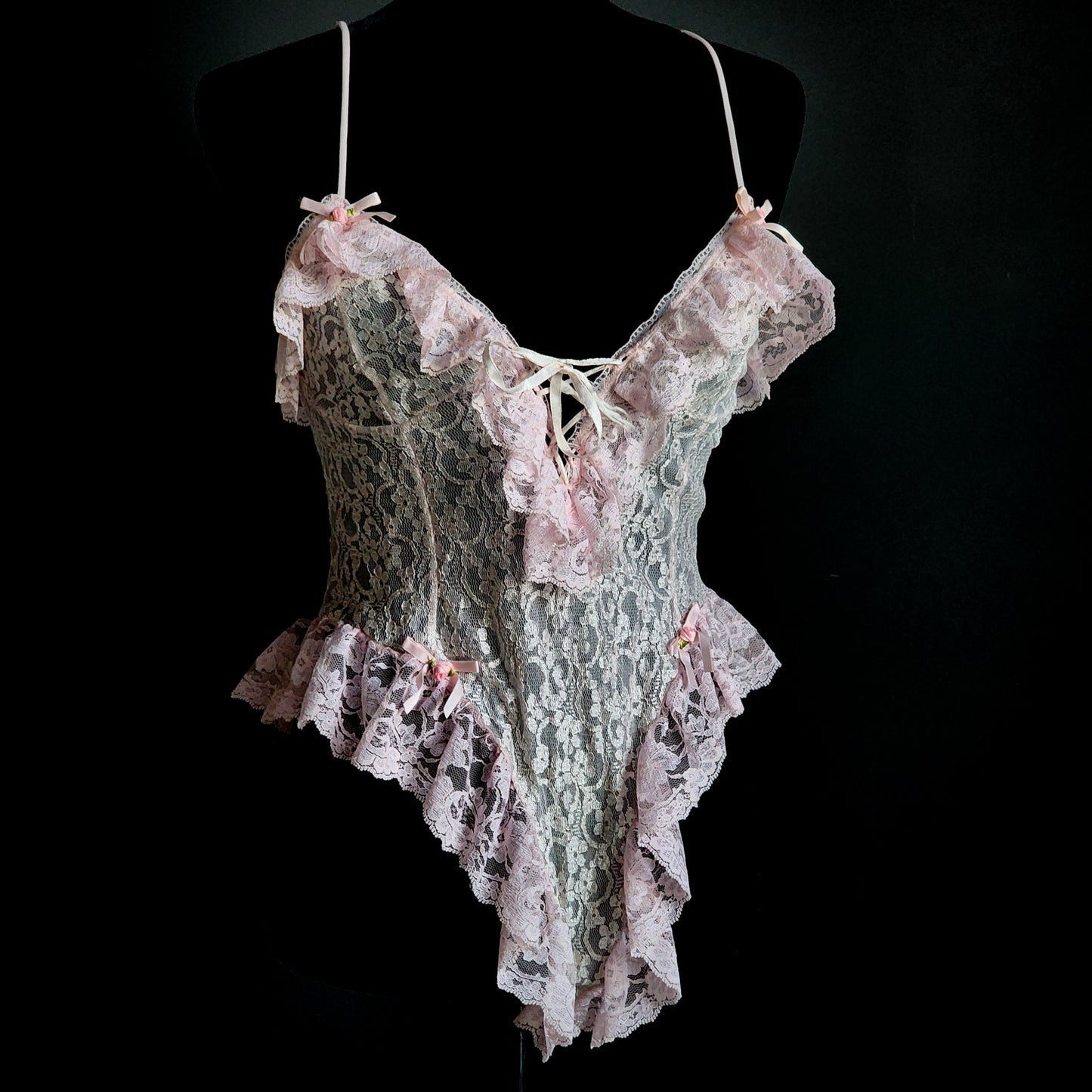 Vintage Tosca Lingerie of California Pink Ruffled Lace Bodysuit (S) - Reclaimed Mt. Goods