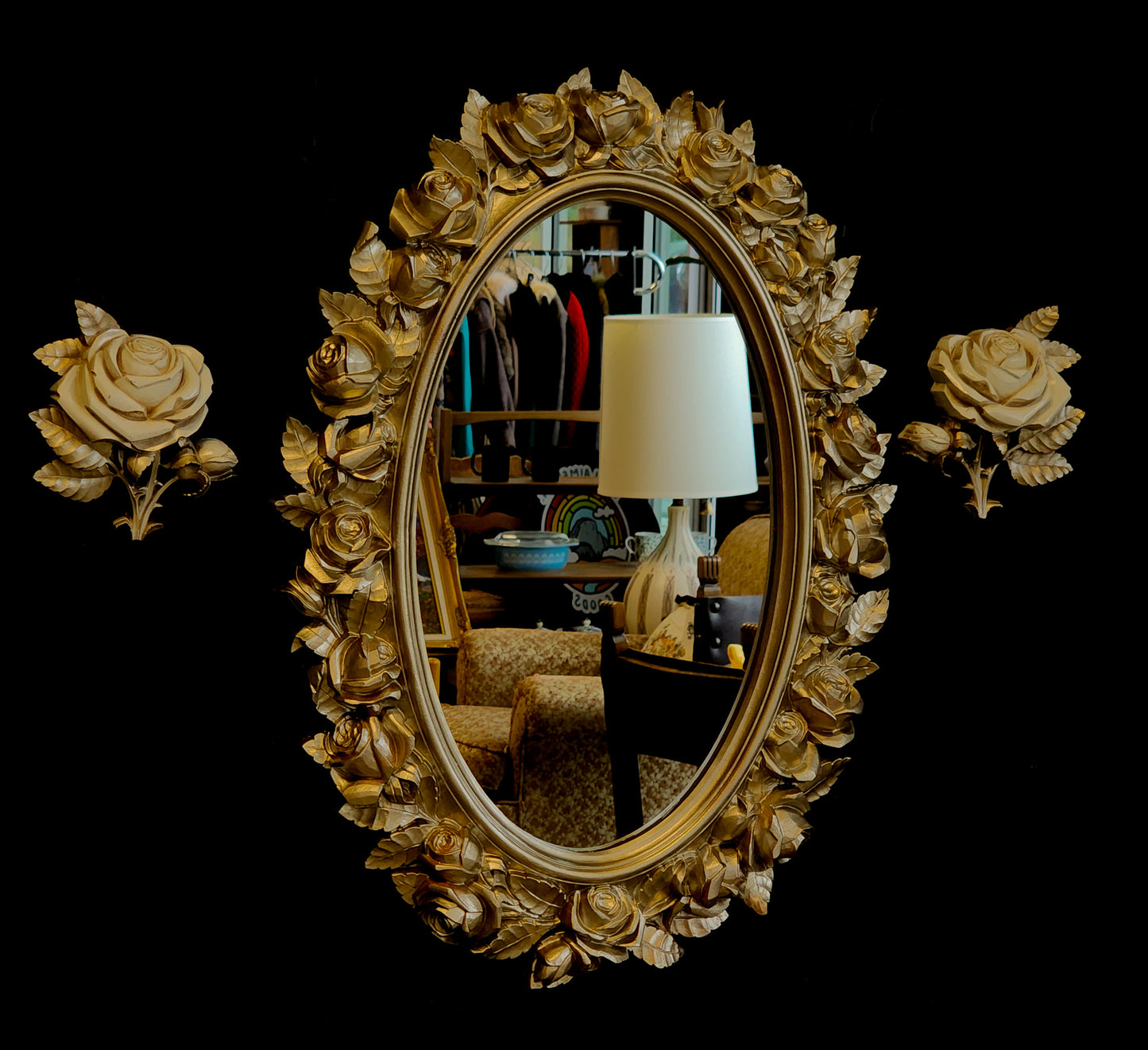 Vtg Gold & White Roses Wall Mirror Set (3 Pieces) - Reclaimed Mt. Goods