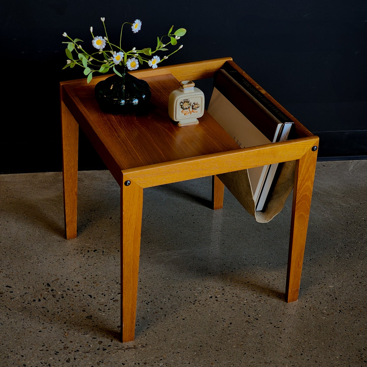 Mid-Century Danish Modern Teak Linen Sling Magazine Accent Table - Reclaimed Mt. Goods