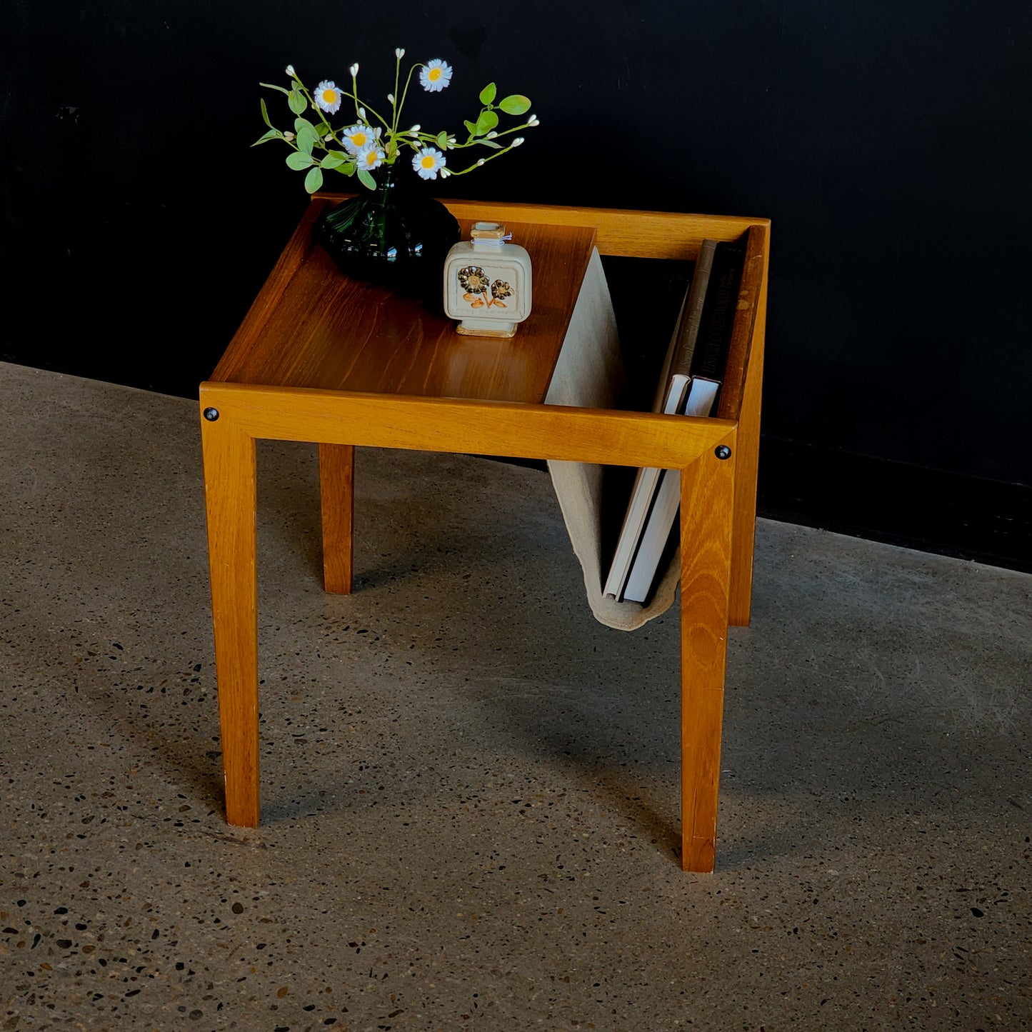 Mid-Century Danish Modern Teak Linen Sling Magazine Accent Table - Reclaimed Mt. Goods