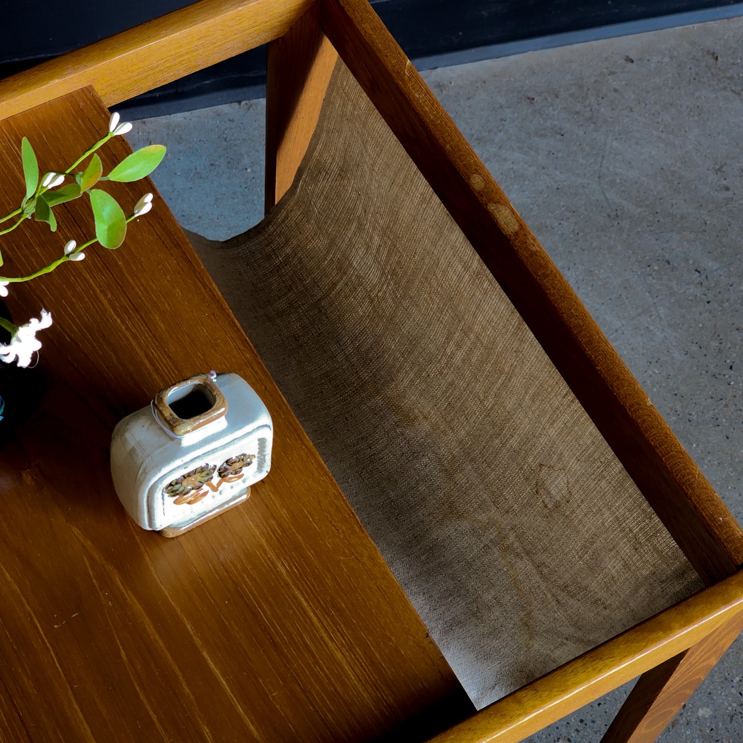 Mid-Century Danish Modern Teak Linen Sling Magazine Accent Table - Reclaimed Mt. Goods