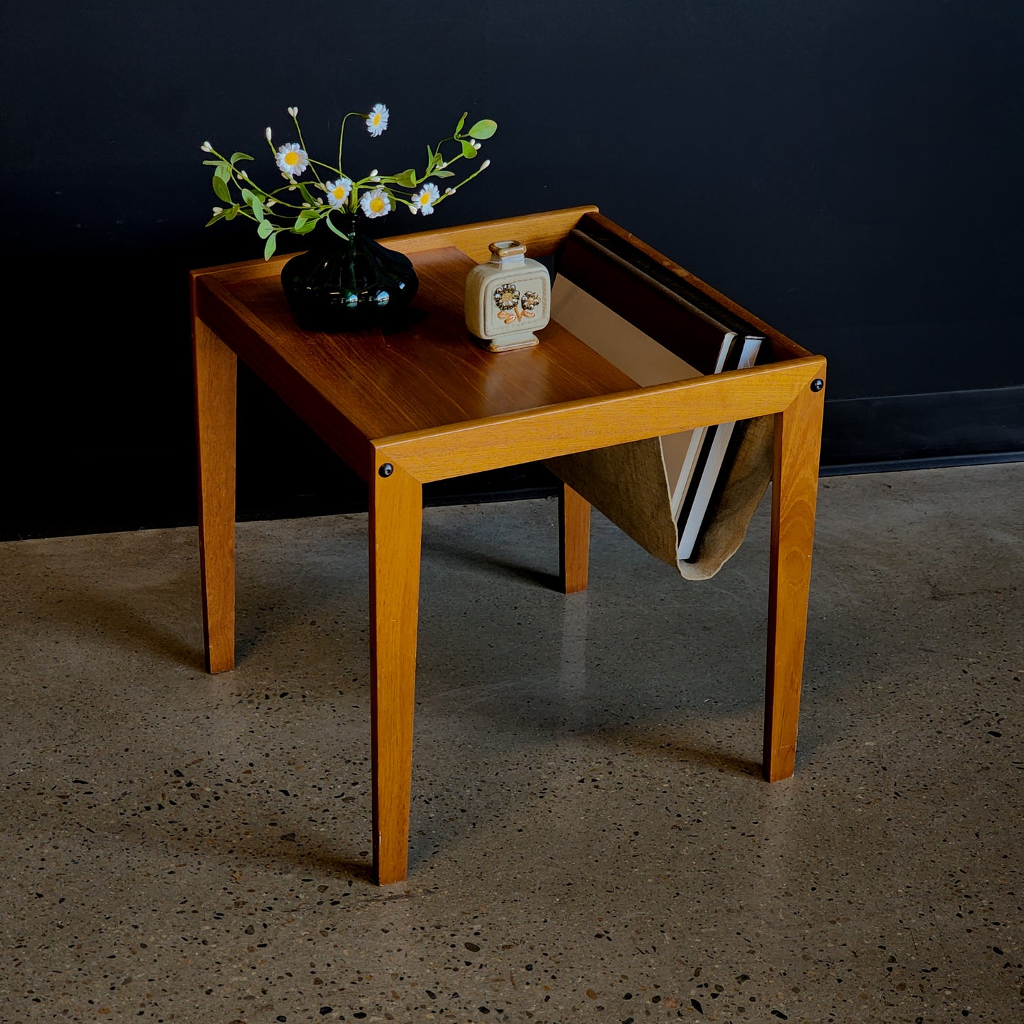 Mid-Century Danish Modern Teak Linen Sling Magazine Accent Table - Reclaimed Mt. Goods