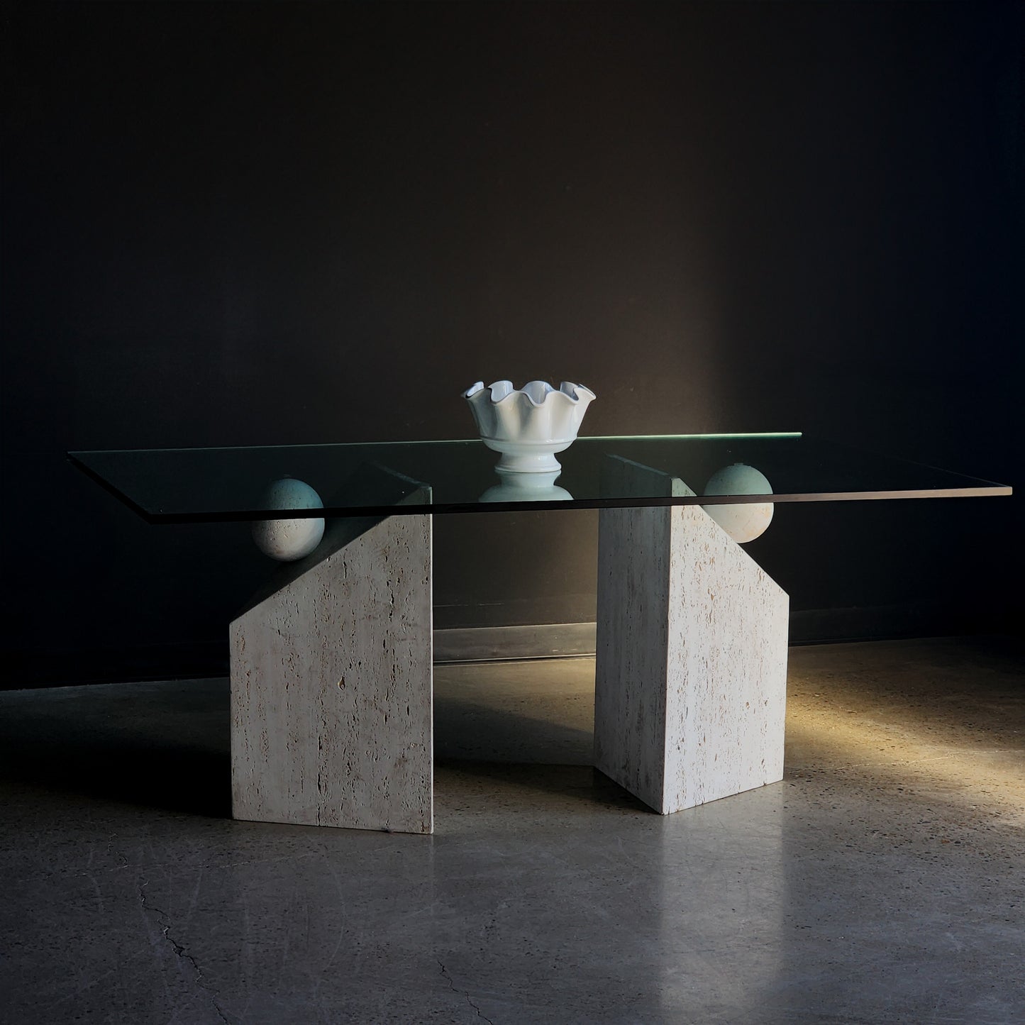 Vintage Postmodern Italian Travertine Stone & Glass Dining Table - Reclaimed Mt. Goods