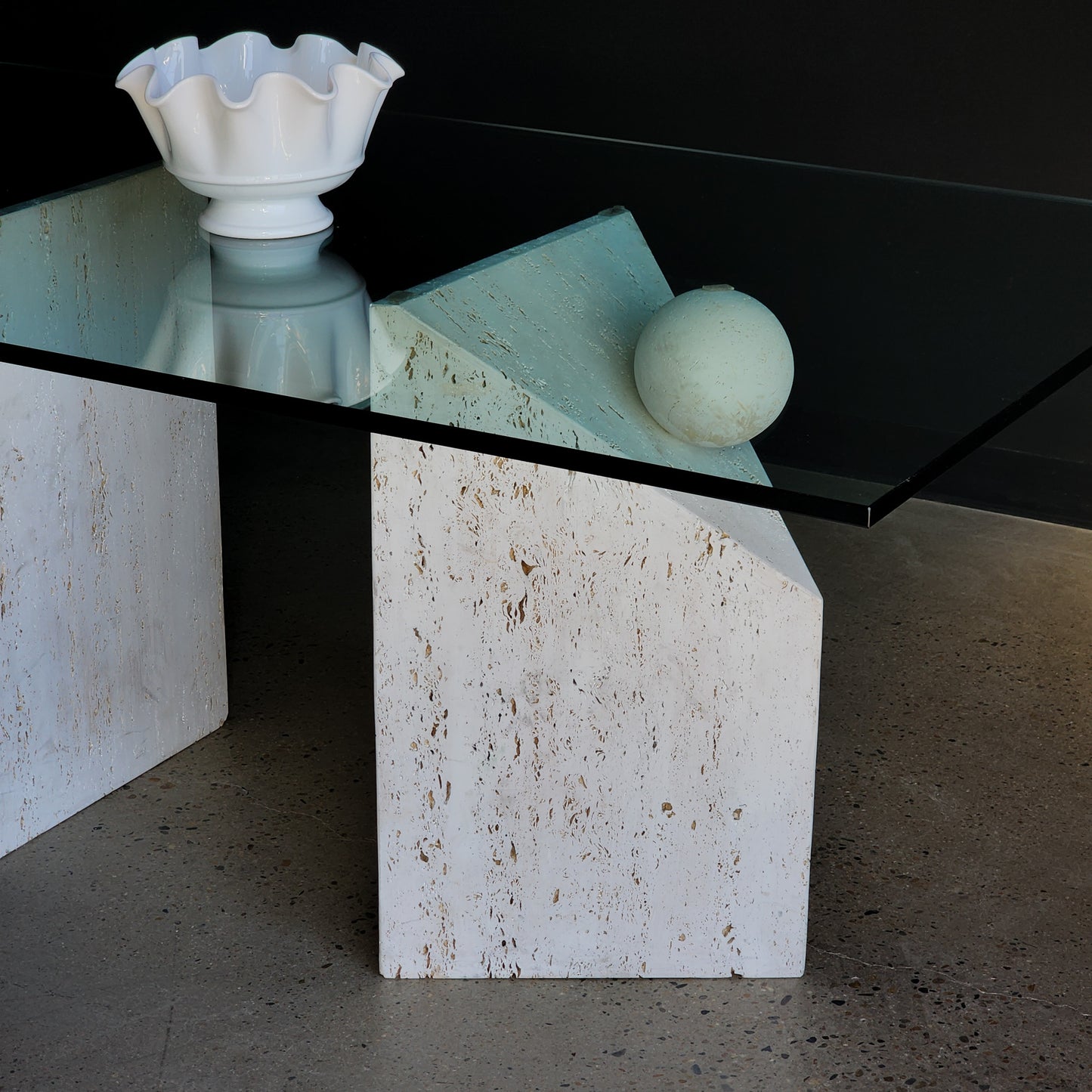 Vintage Postmodern Italian Travertine Stone & Glass Dining Table - Reclaimed Mt. Goods