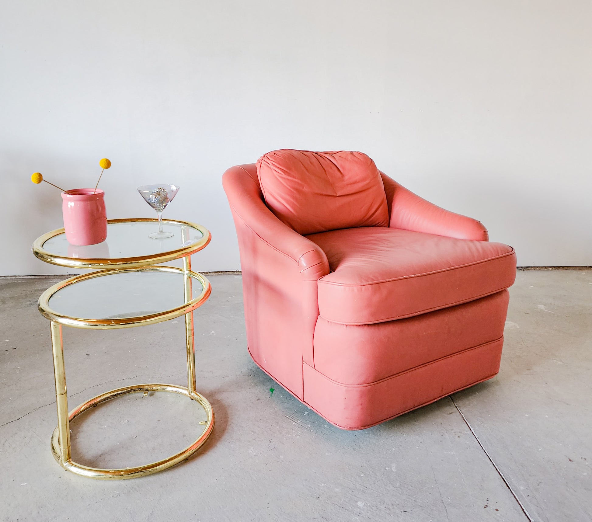 Adorable Vintage Pink Leather Barrel Chair - Reclaimed Mt. Goods