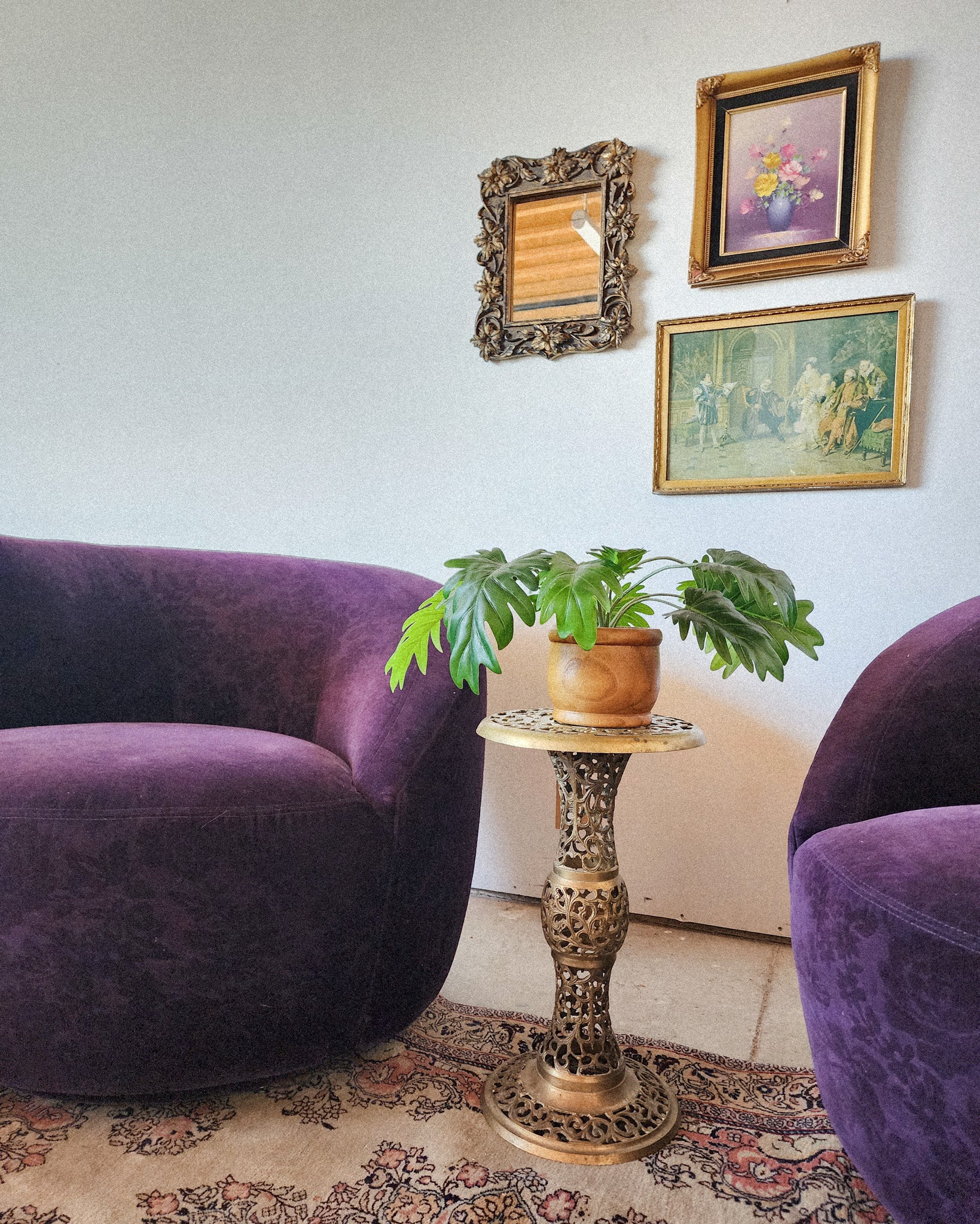 Vintage Purple Floral Patterned Swivel Chair - Reclaimed Mt. Goods