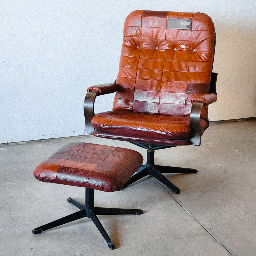 Mid Century Swedish Red & Tan Leather Patchwork Chair (A) - Reclaimed Mt. Goods