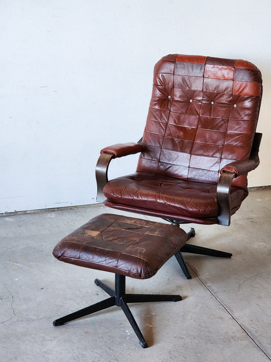 Mid Century Swedish Red & Tan Leather Patchwork Chair (B) - Reclaimed Mt. Goods