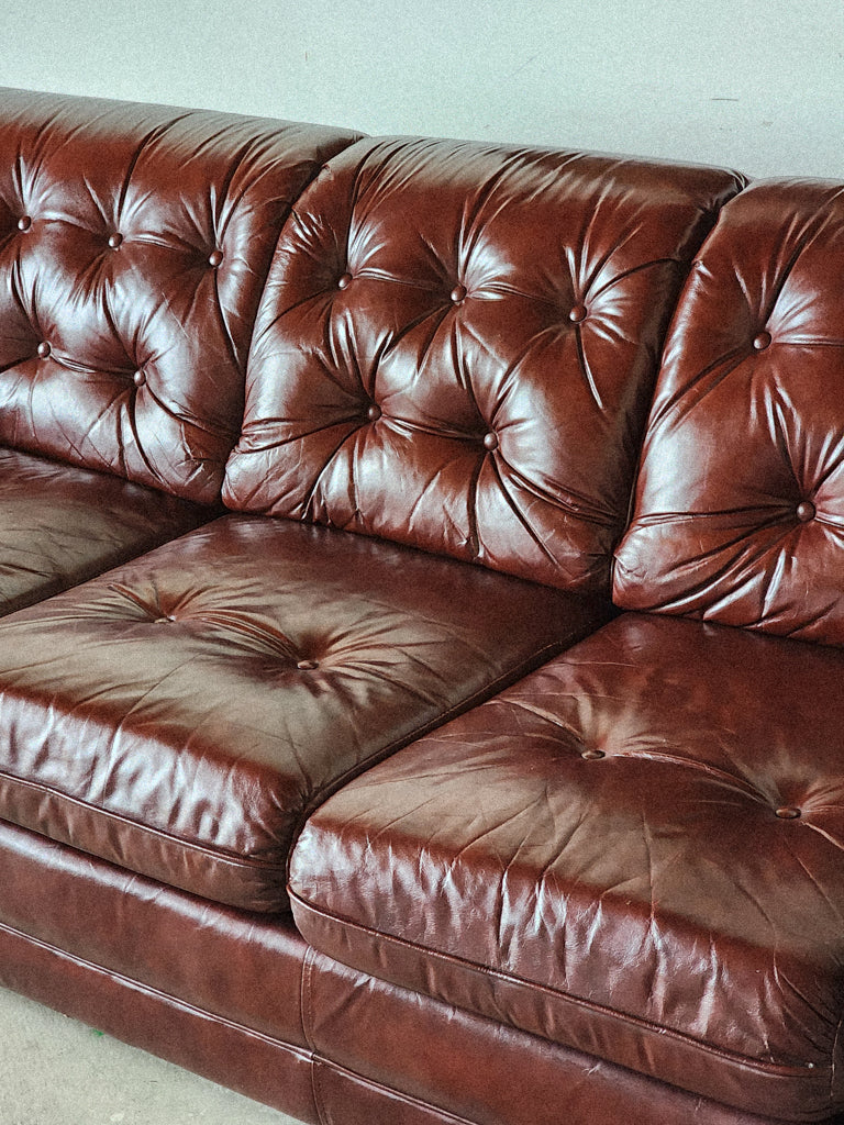 Vintage Burgundy Leather Tufted Sofa - Reclaimed Mt. Goods