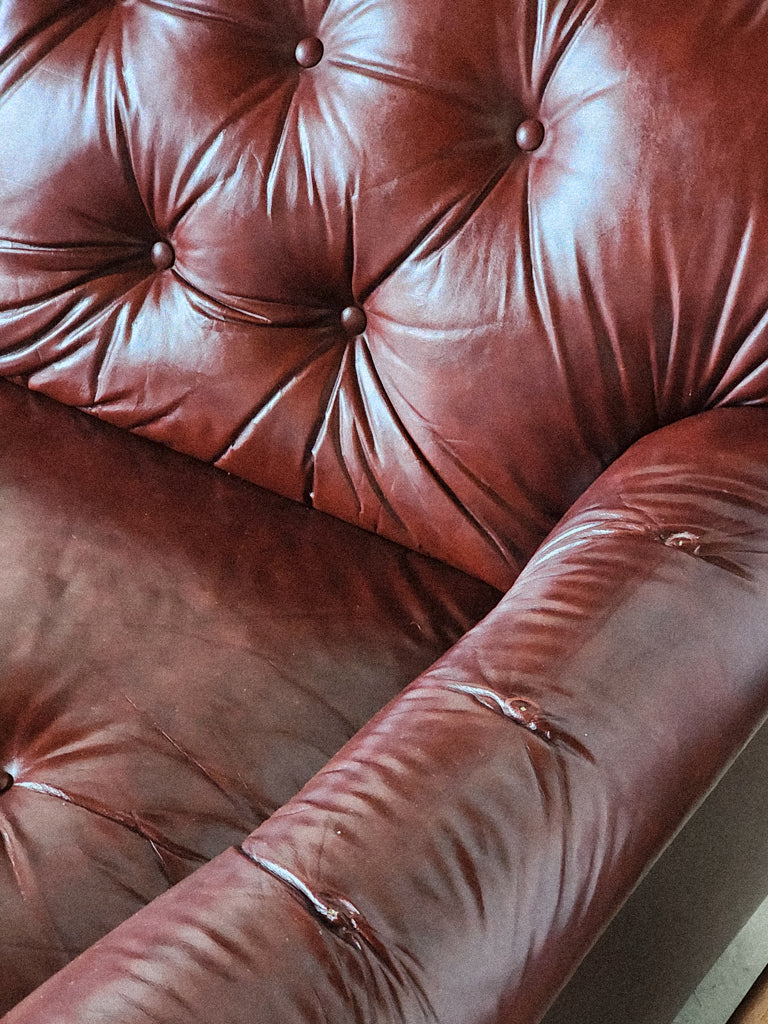 Vintage Burgundy Leather Tufted Sofa - Reclaimed Mt. Goods
