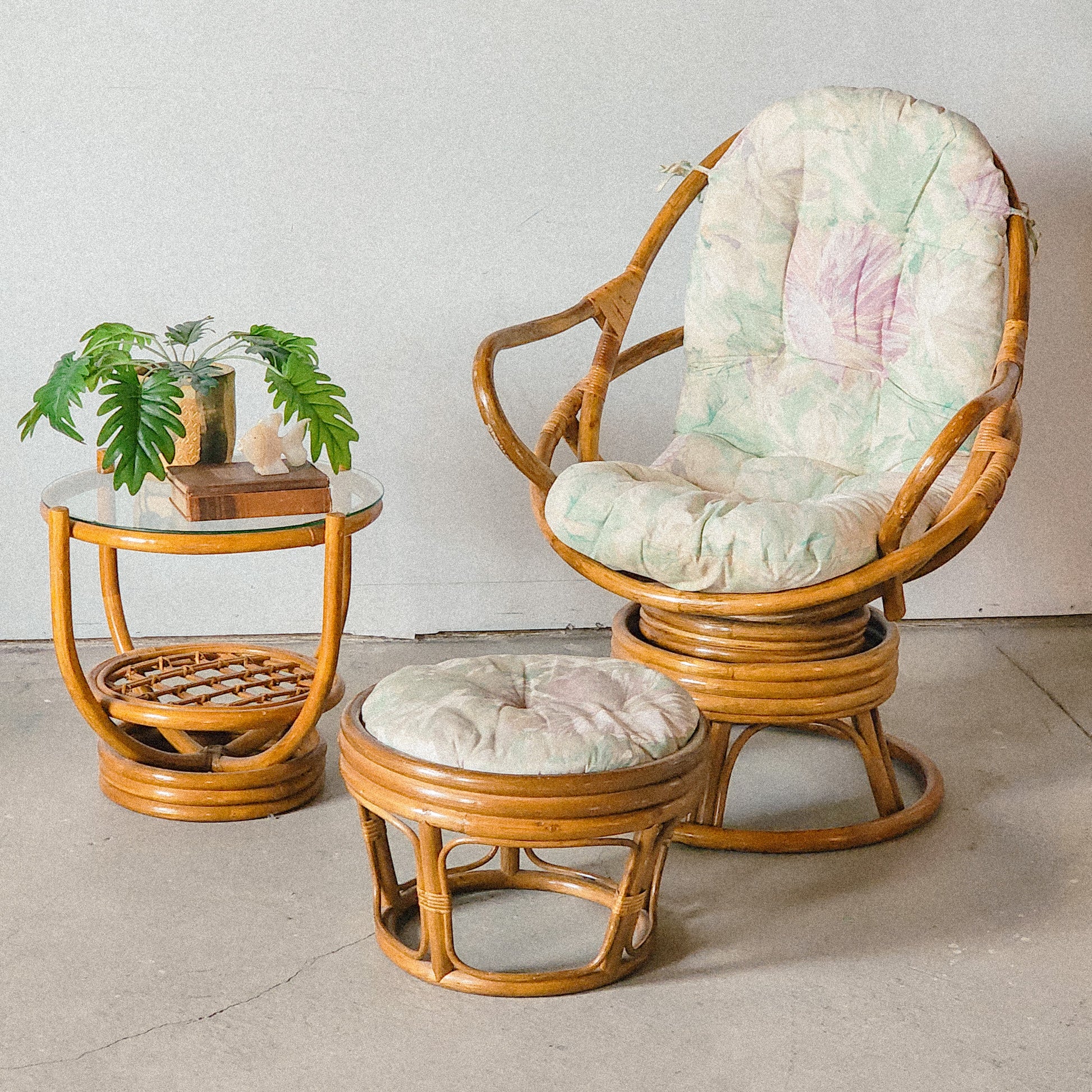 Rattan Bamboo Swivel Chair & Ottoman - Reclaimed Mt. Goods