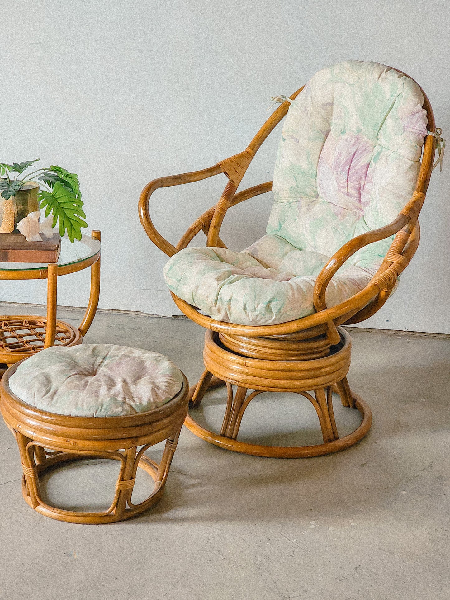 Rattan Bamboo Swivel Chair & Ottoman - Reclaimed Mt. Goods