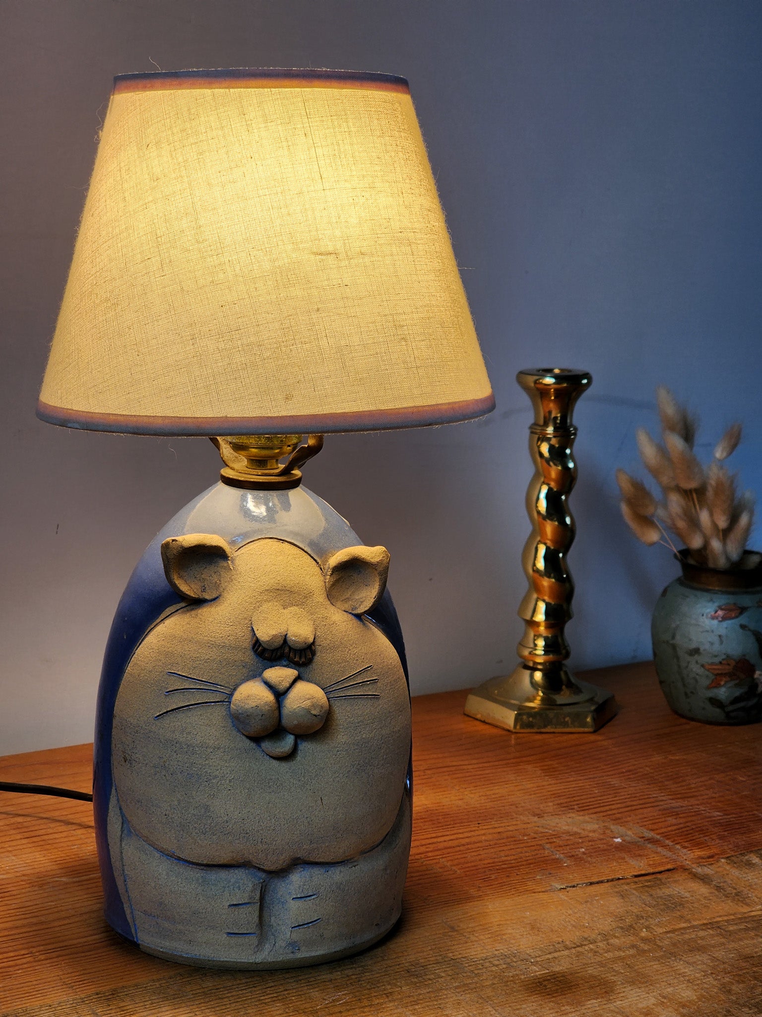 Mid Century Purple Handcrafted Ceramic Cat Table Lamp - Reclaimed Mt. Goods
