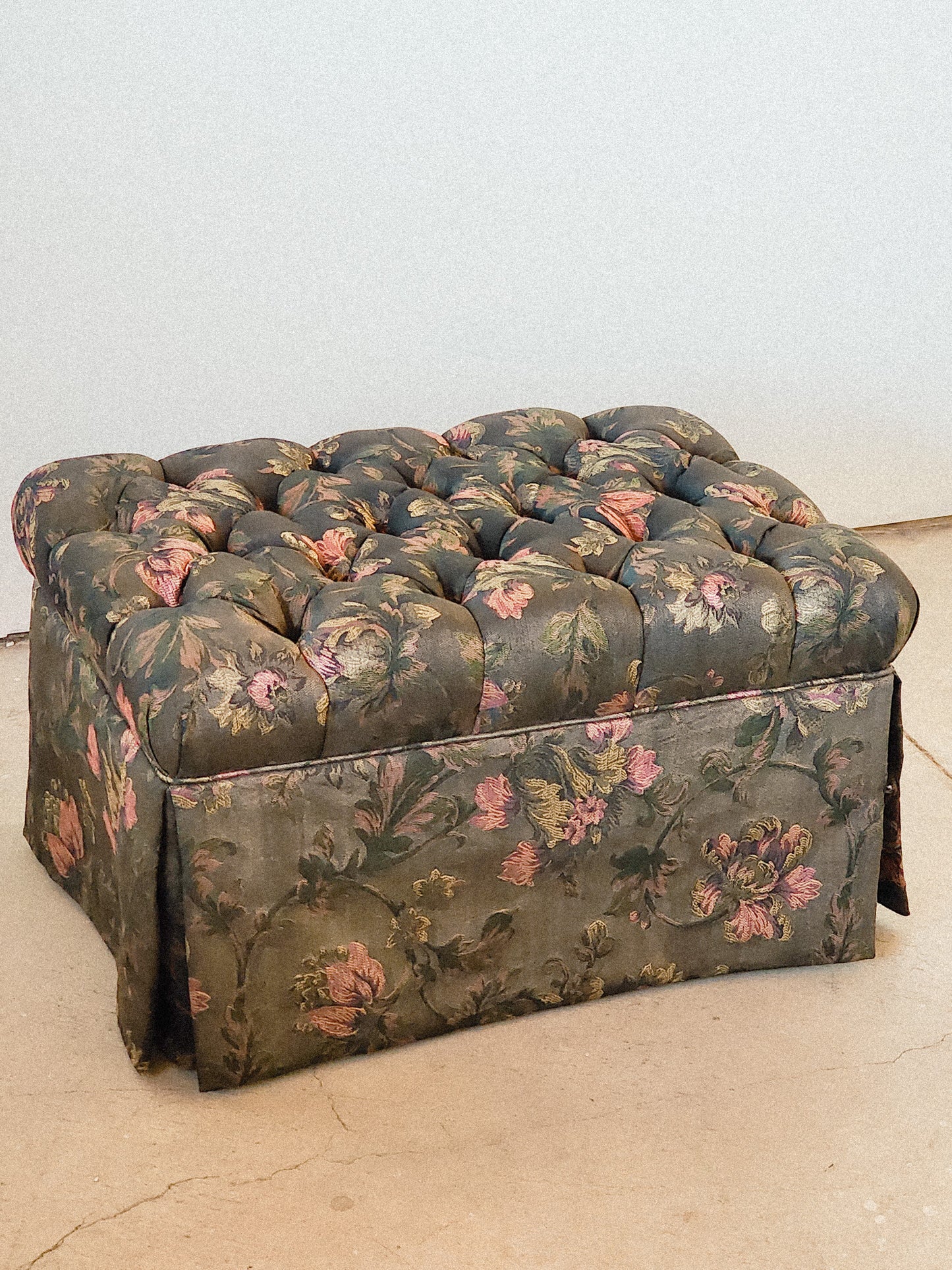 Vintage Tufted Mauve & Green Floral Ottoman