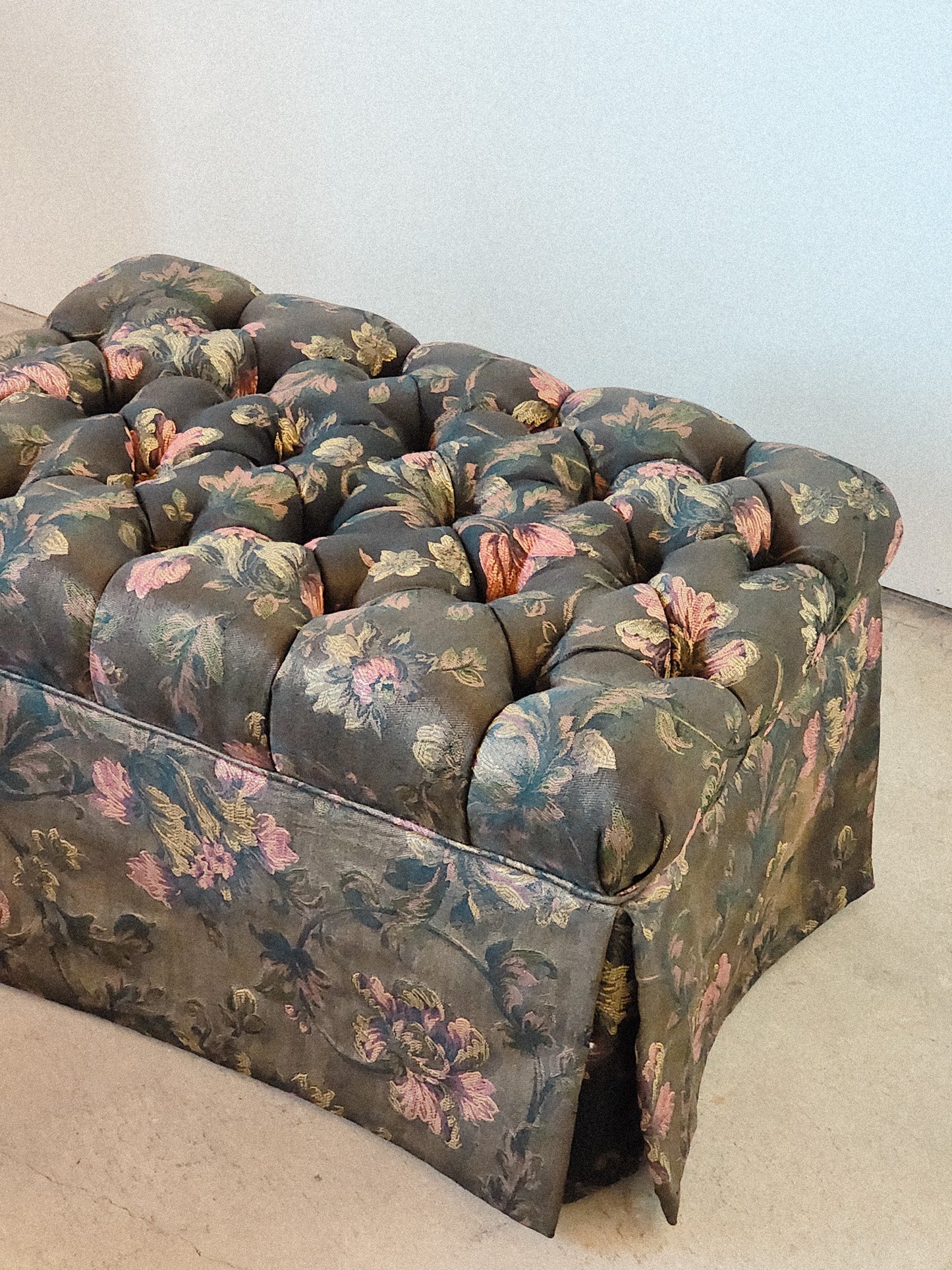 Vintage Tufted Mauve & Green Floral Ottoman