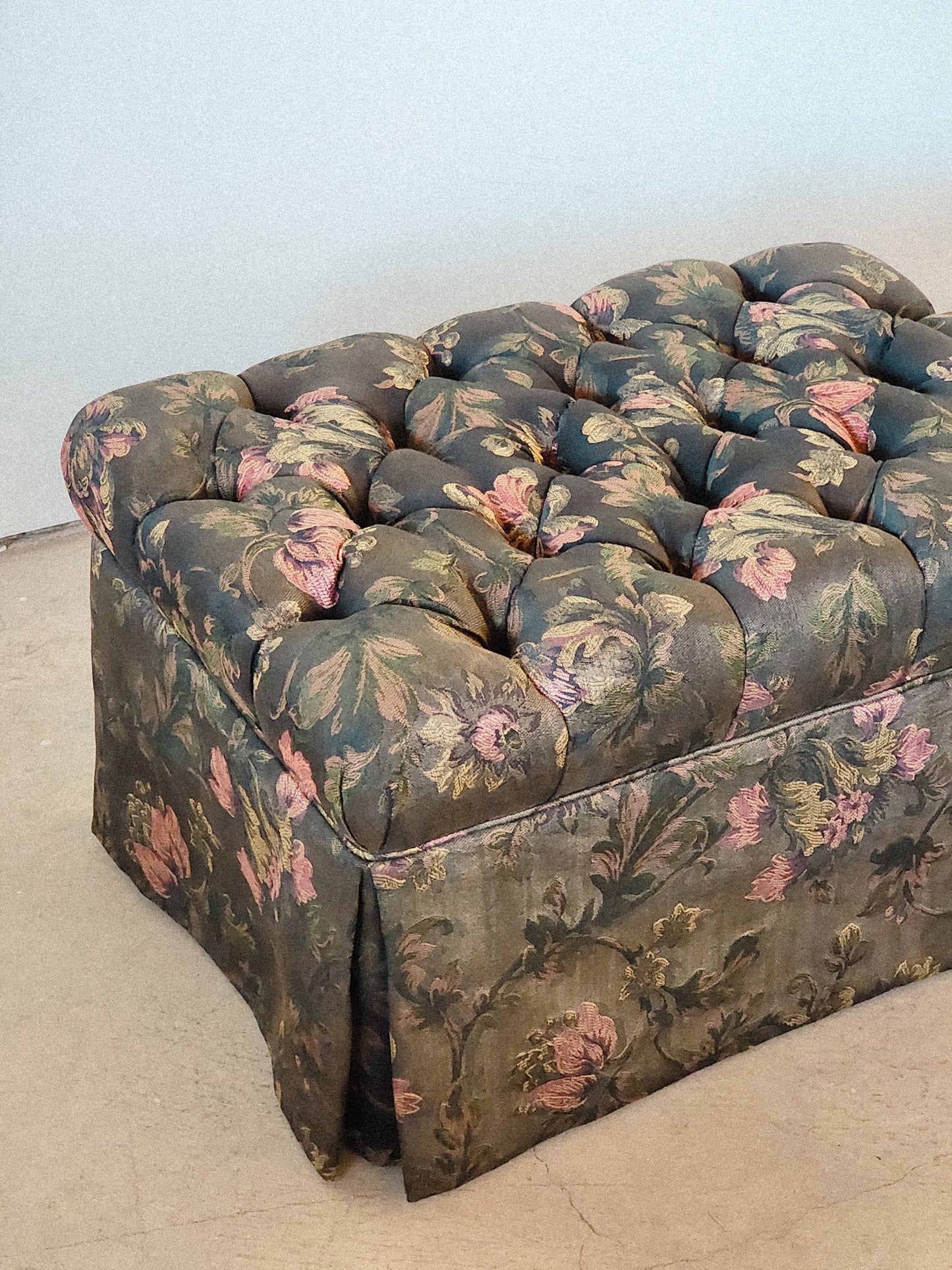 Vintage Tufted Mauve & Green Floral Ottoman