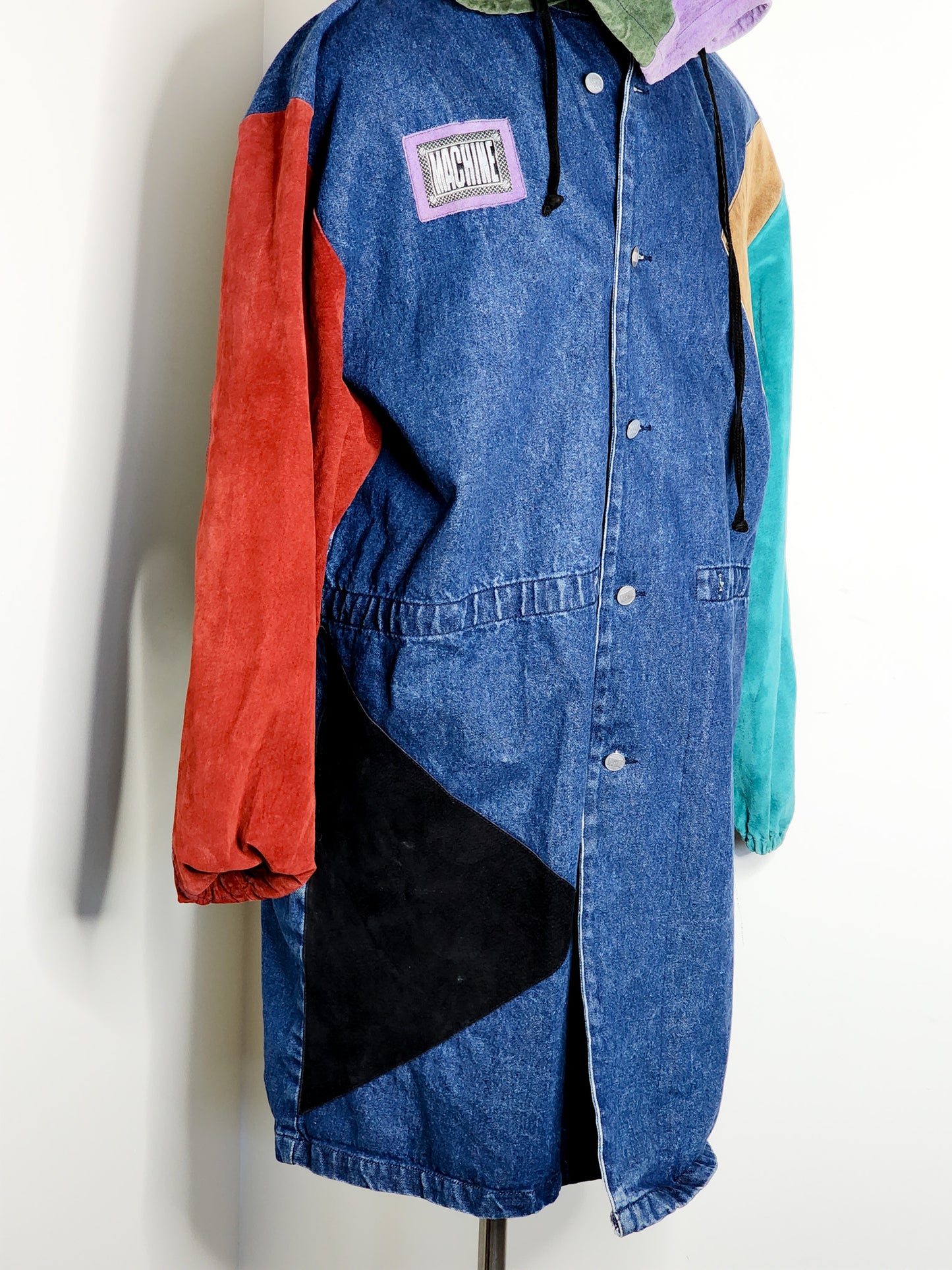 Vtg 90s Machine Denim Color Block Patchwork Trench Coat