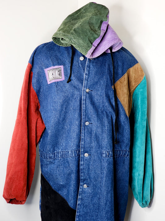 Vtg 90s Machine Denim Color Block Patchwork Trench Coat