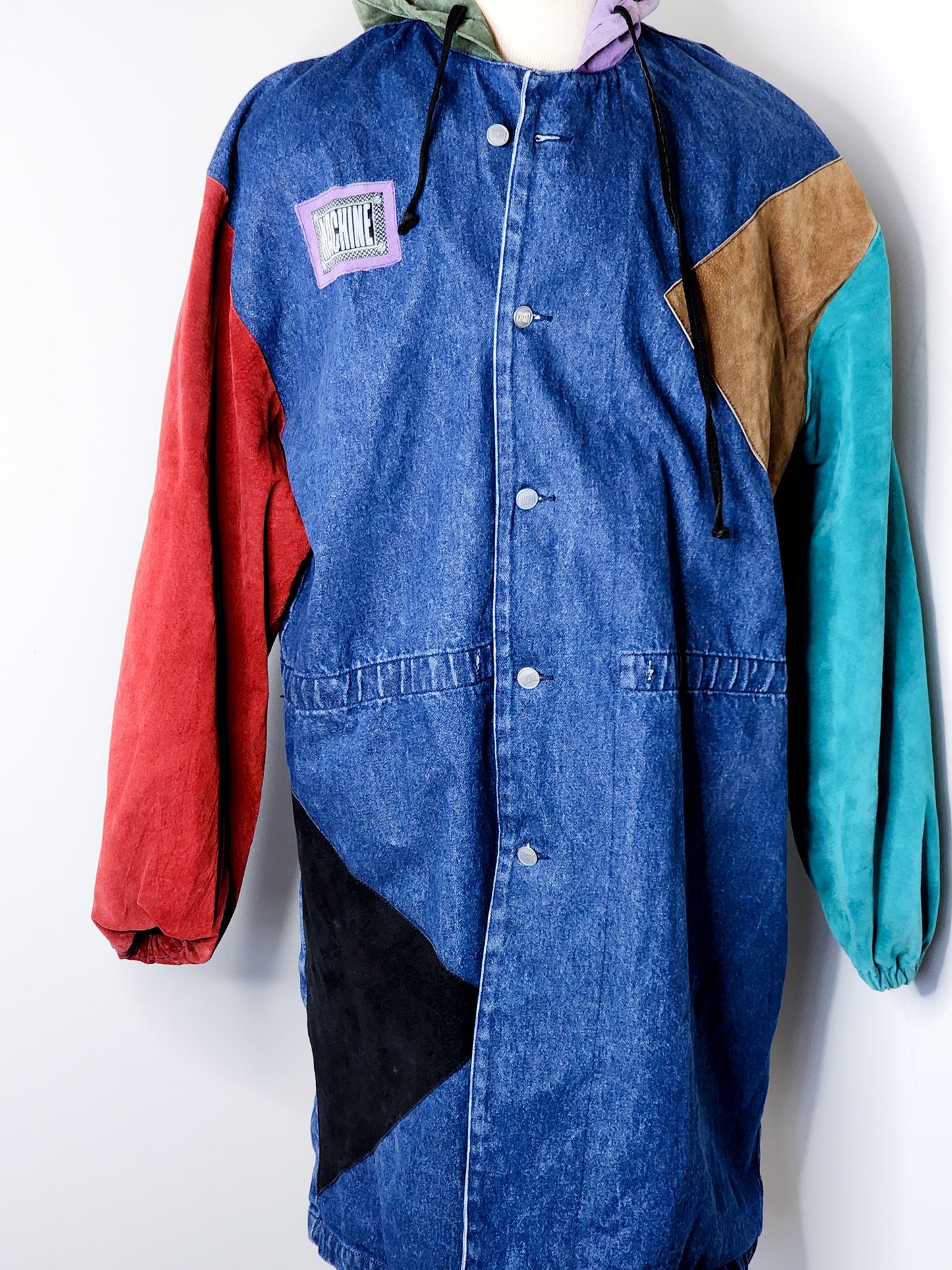 Vtg 90s Machine Denim Color Block Patchwork Trench Coat