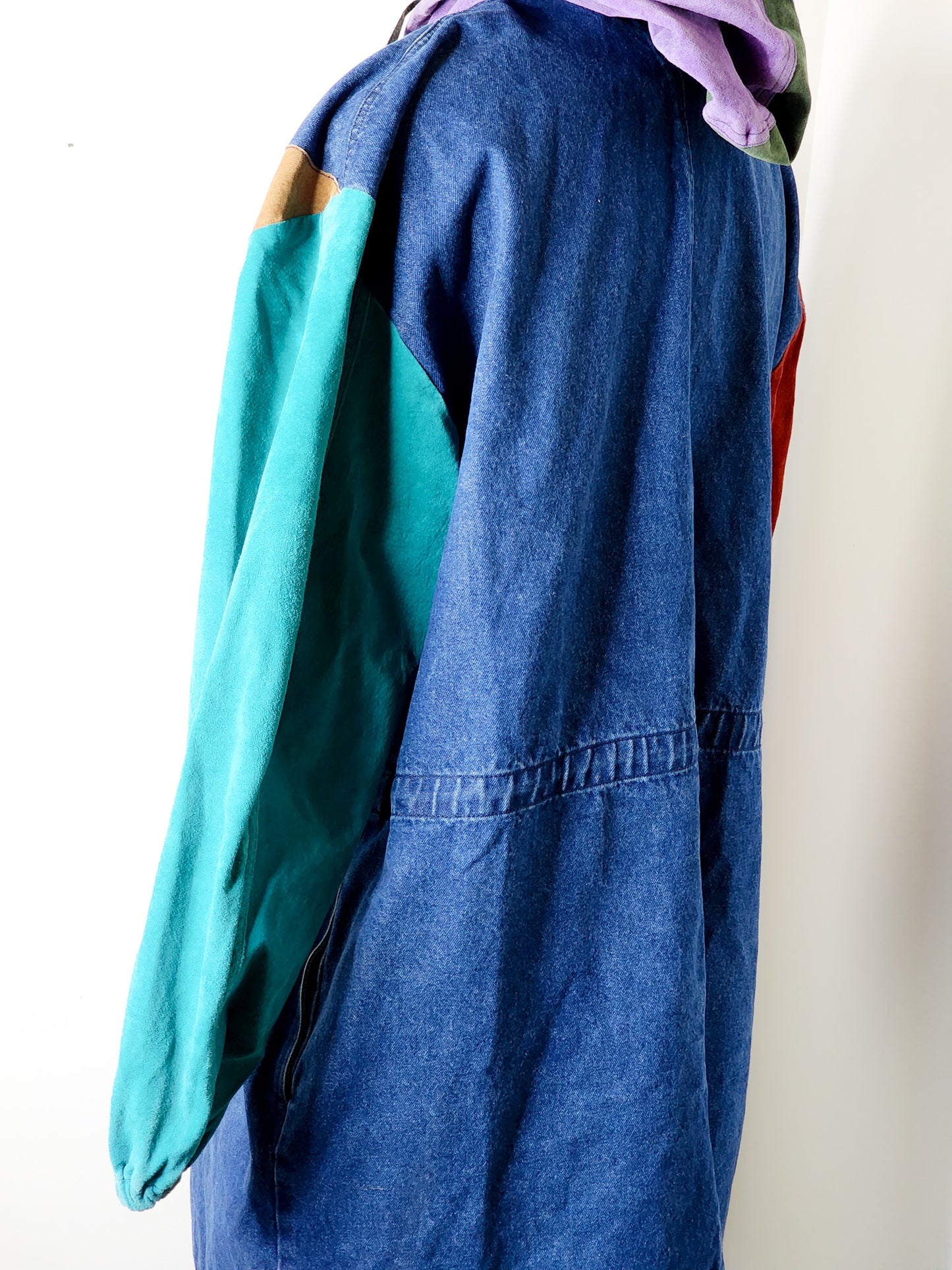 Vtg 90s Machine Denim Color Block Patchwork Trench Coat