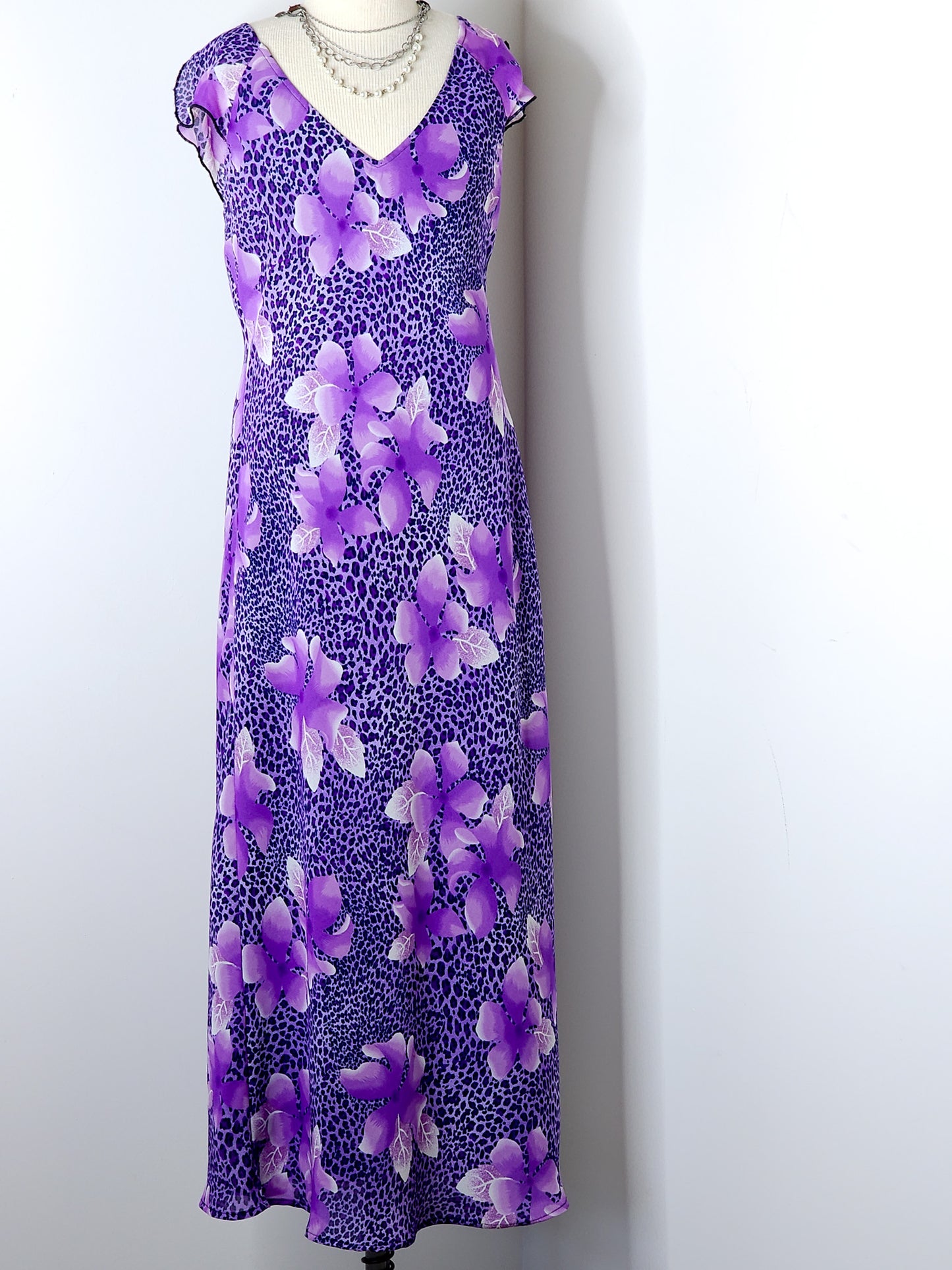 Vintage 90s Y2K Purple Cheetah Print Midi Dress