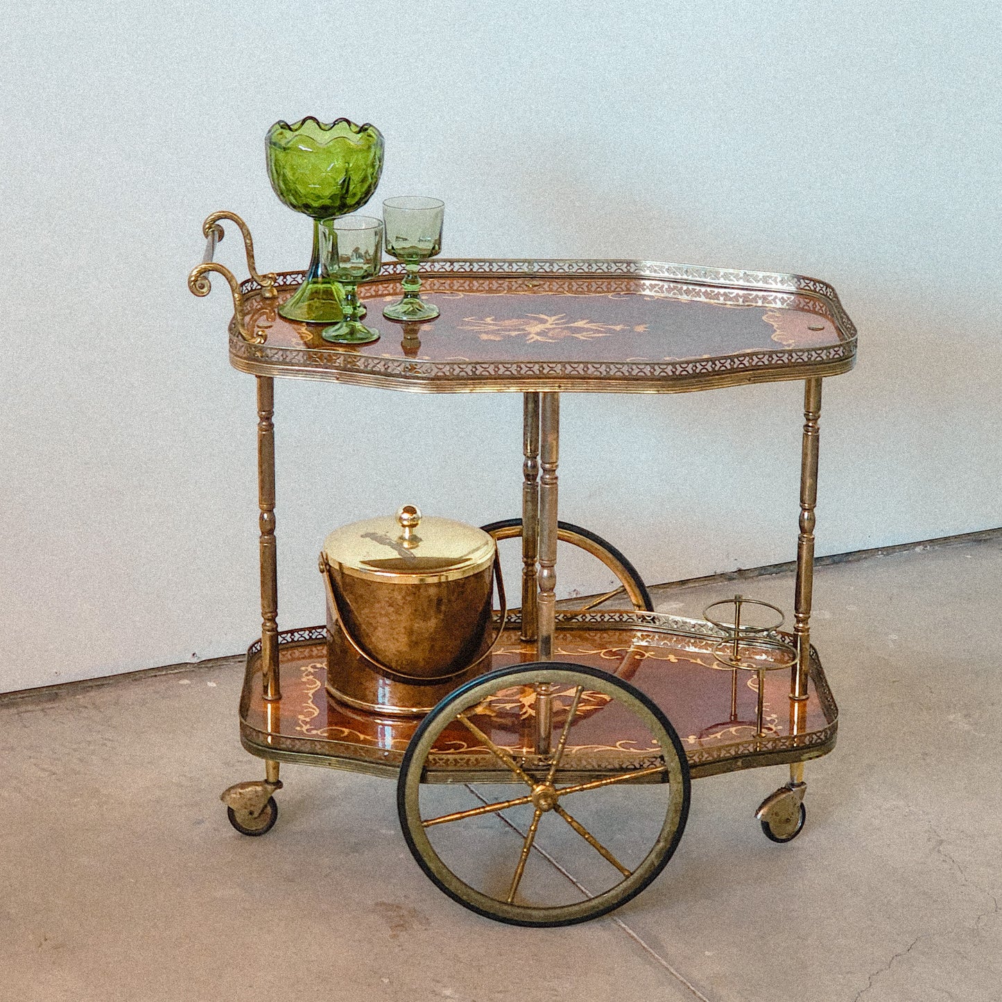 Vtg Italian Bar Cocktail Tea Cart Trolley Italian Hollywood Regency Marquetry Inlay