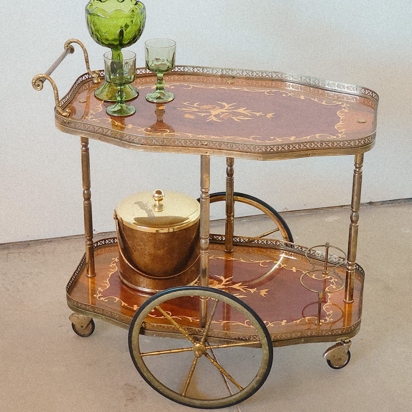 Vtg Italian Bar Cocktail Tea Cart Trolley Italian Hollywood Regency Marquetry Inlay