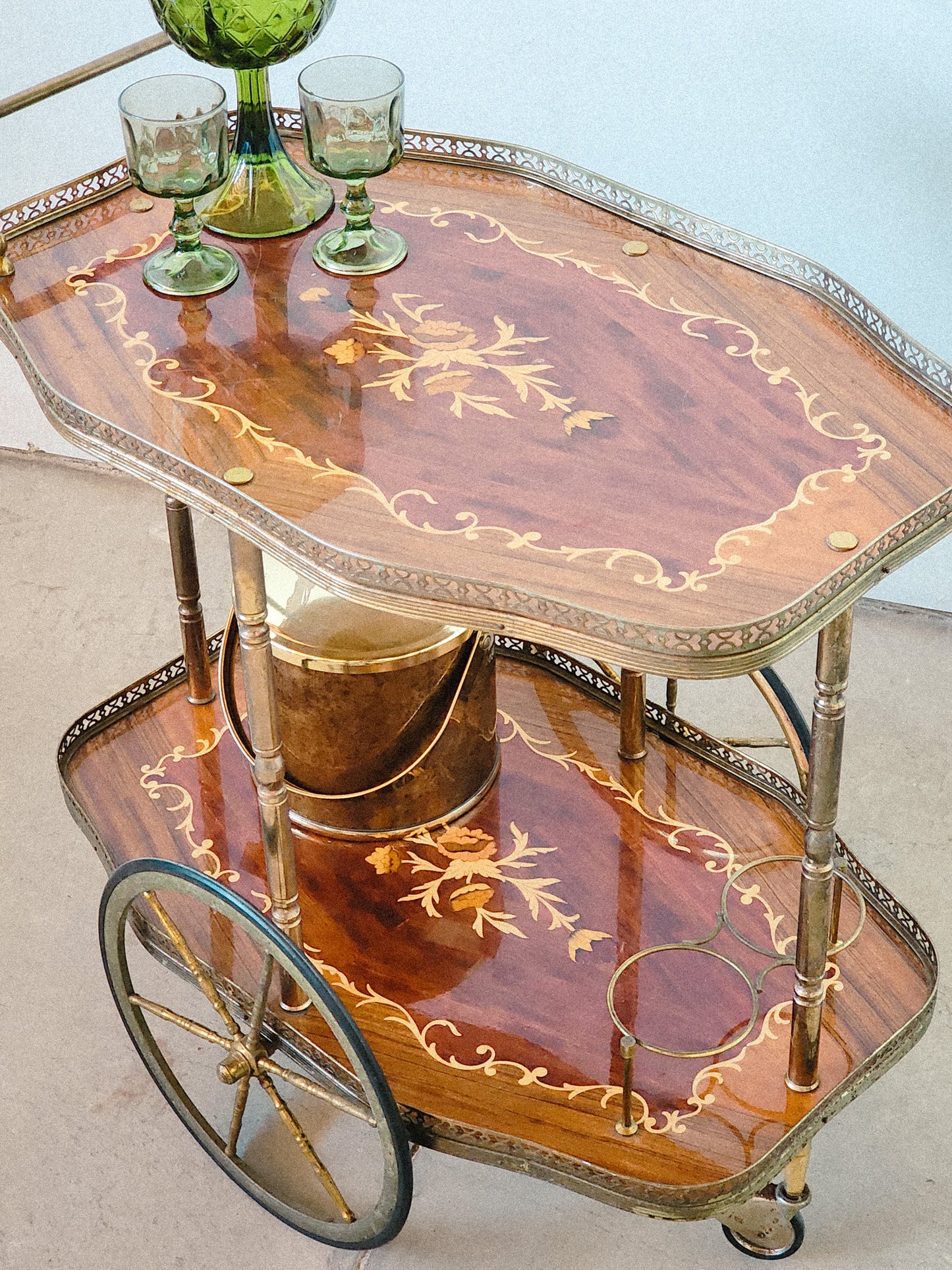 Vtg Italian Bar Cocktail Tea Cart Trolley Italian Hollywood Regency Marquetry Inlay