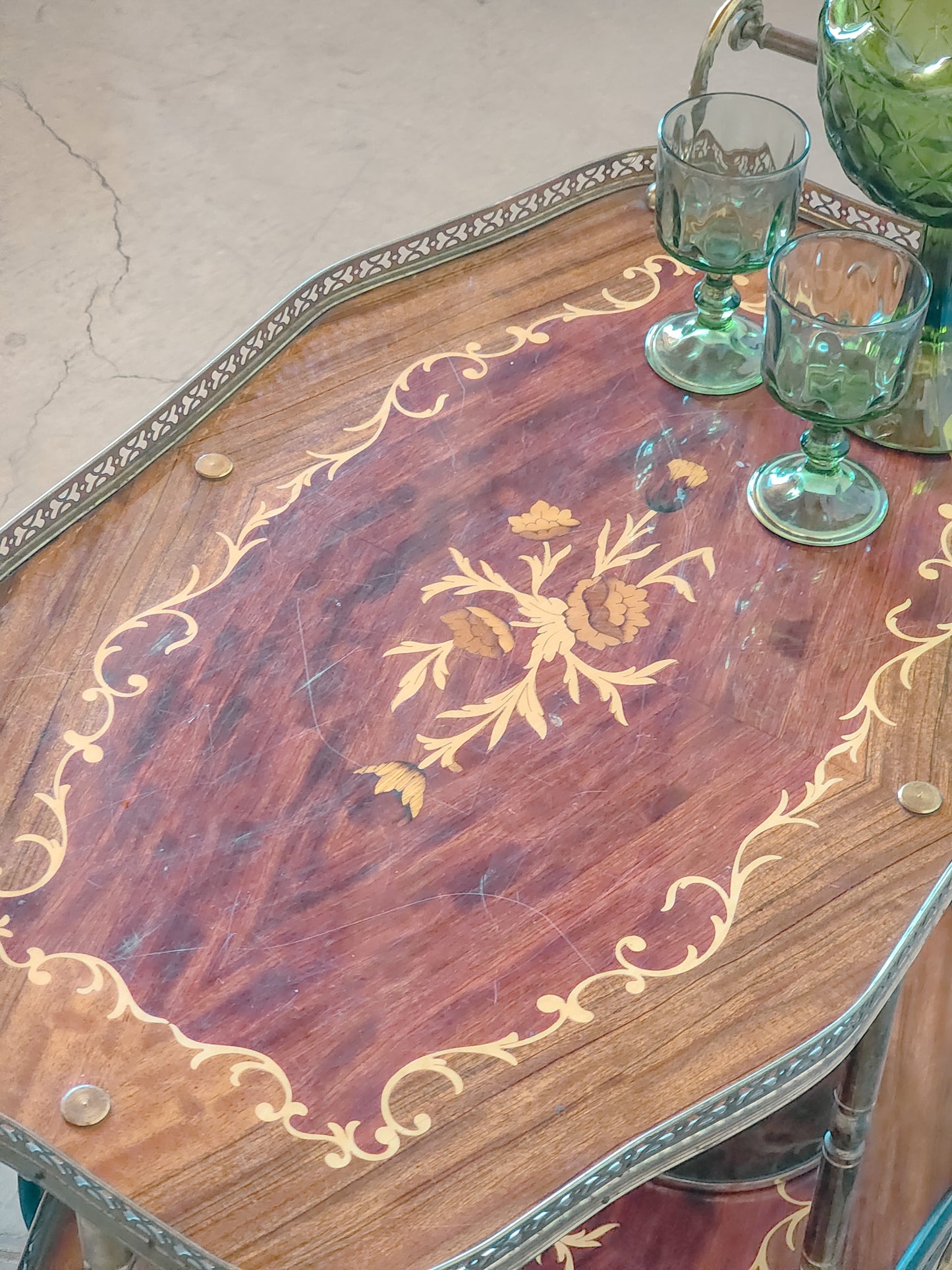 Vtg Italian Bar Cocktail Tea Cart Trolley Italian Hollywood Regency Marquetry Inlay