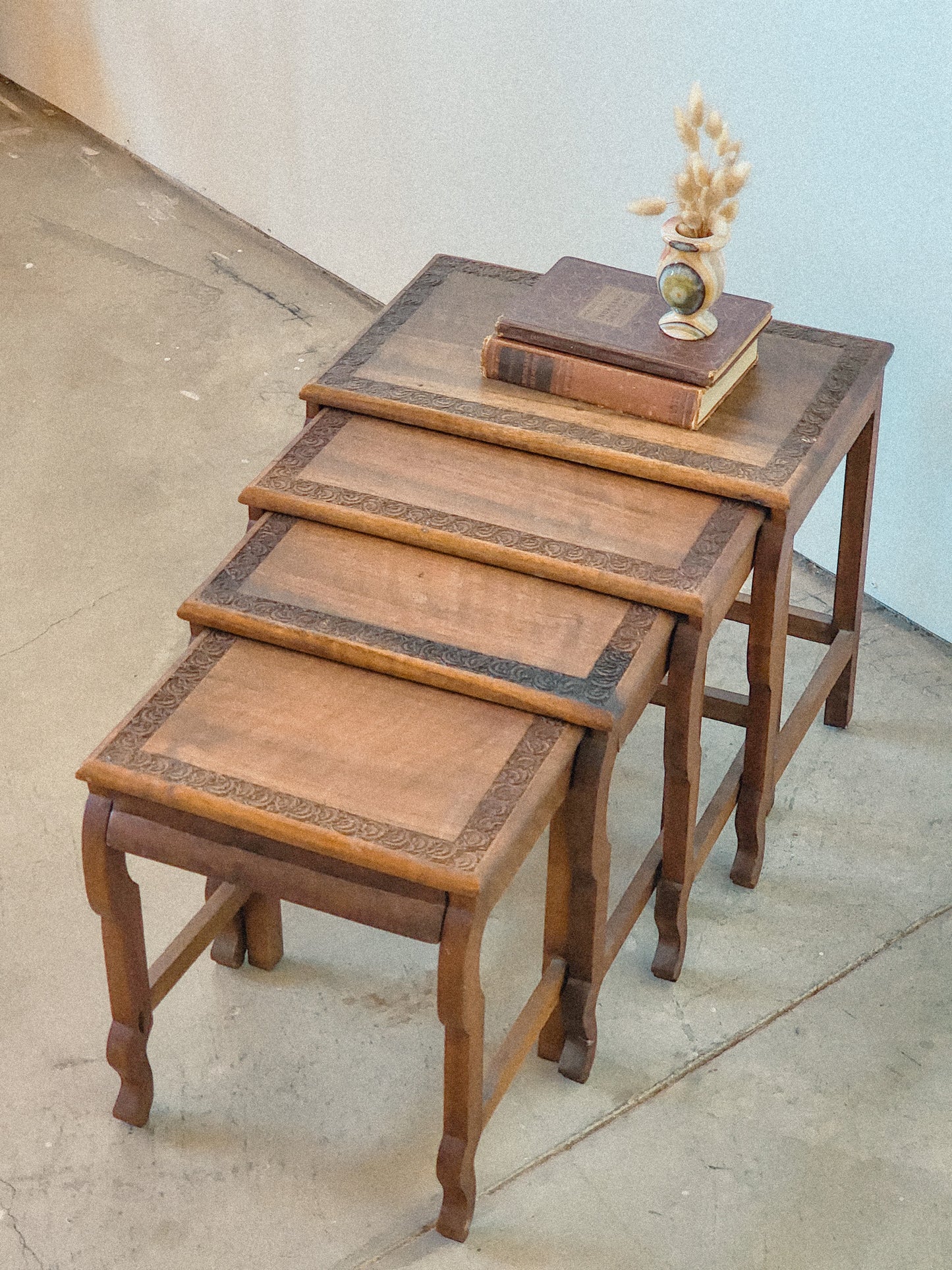 Hand Carved Set of Wooden Nesting Tables