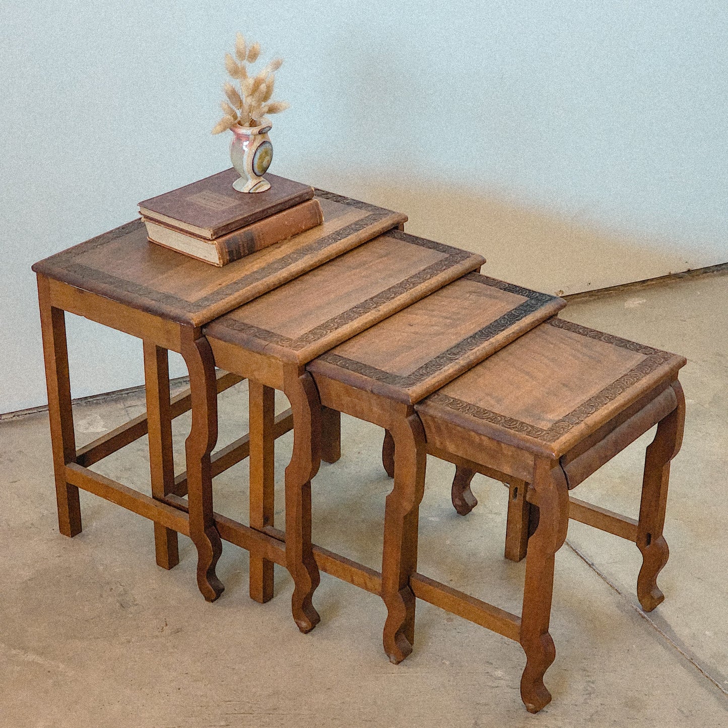 Hand Carved Set of Wooden Nesting Tables