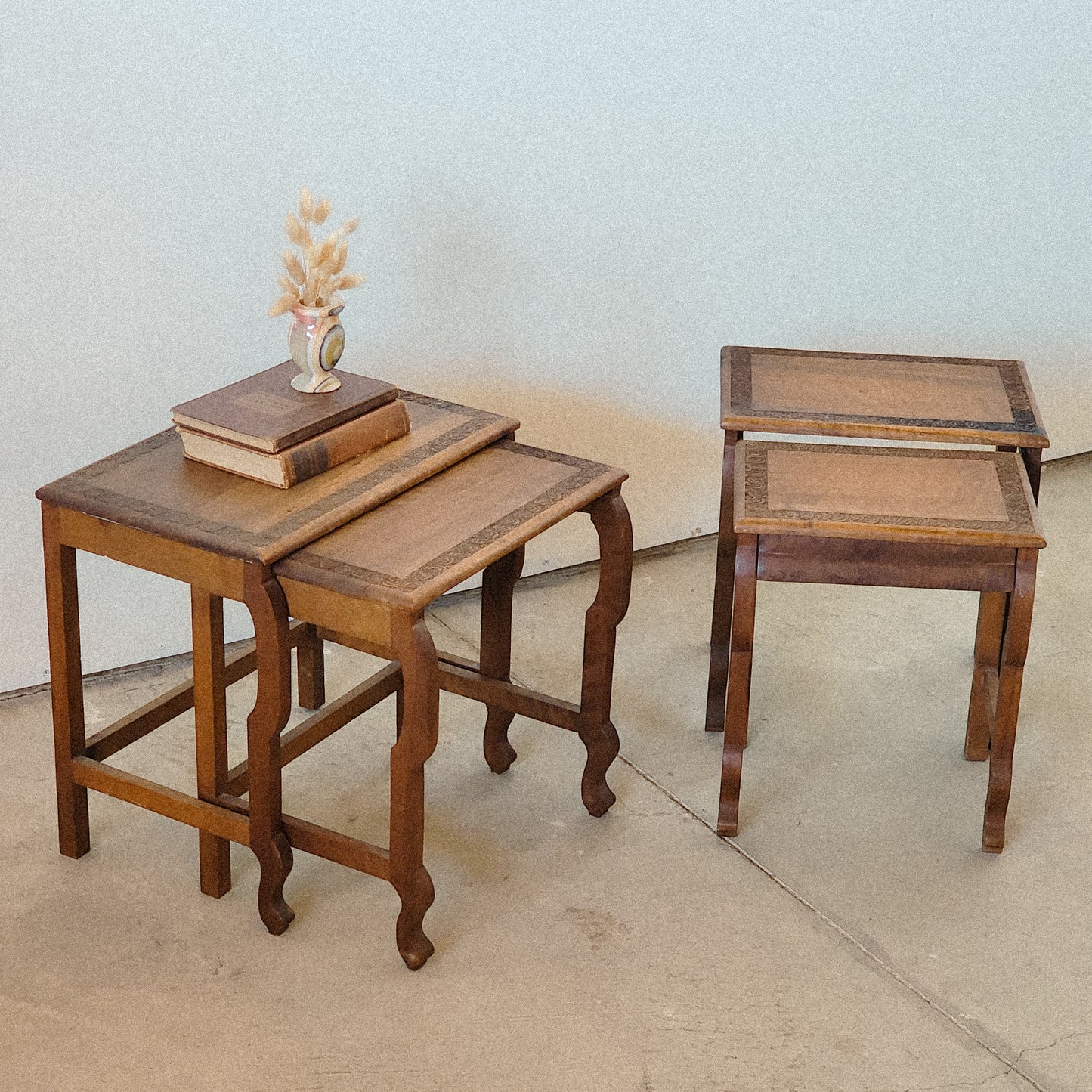 Hand Carved Set of Wooden Nesting Tables