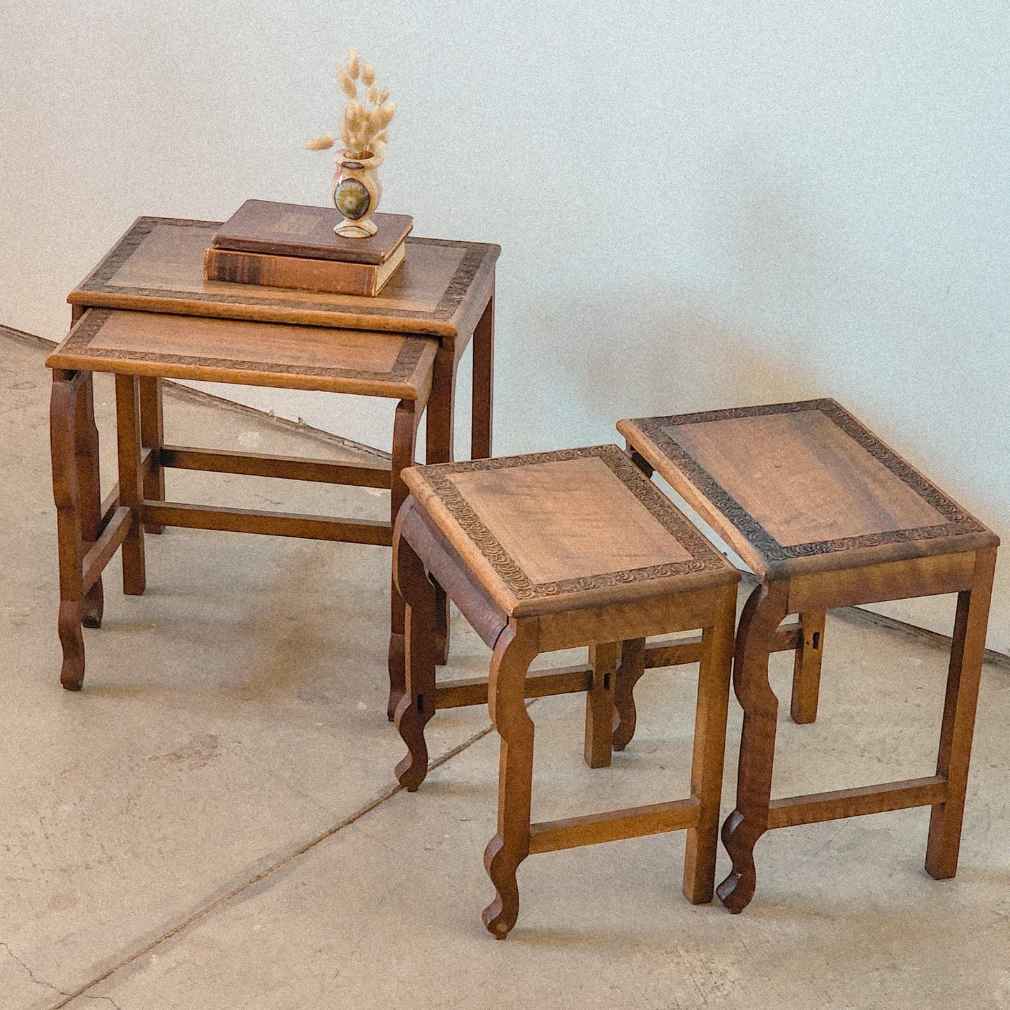 Hand Carved Set of Wooden Nesting Tables