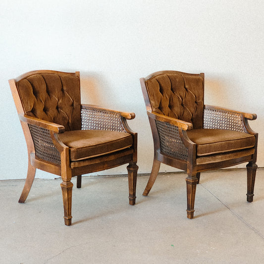 Vintage Brown Velvet Caned Accented Armchair