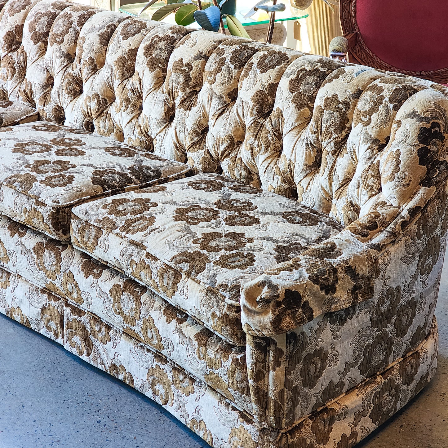 Vtg 1970s Tufted Brown & Cream Floral Print Sofa