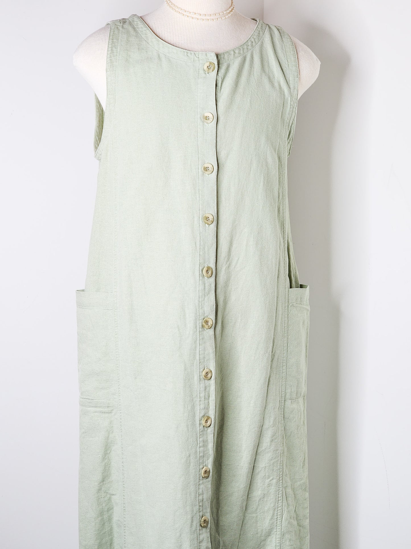 Vtg Cotton & Linen Blend Green Dress