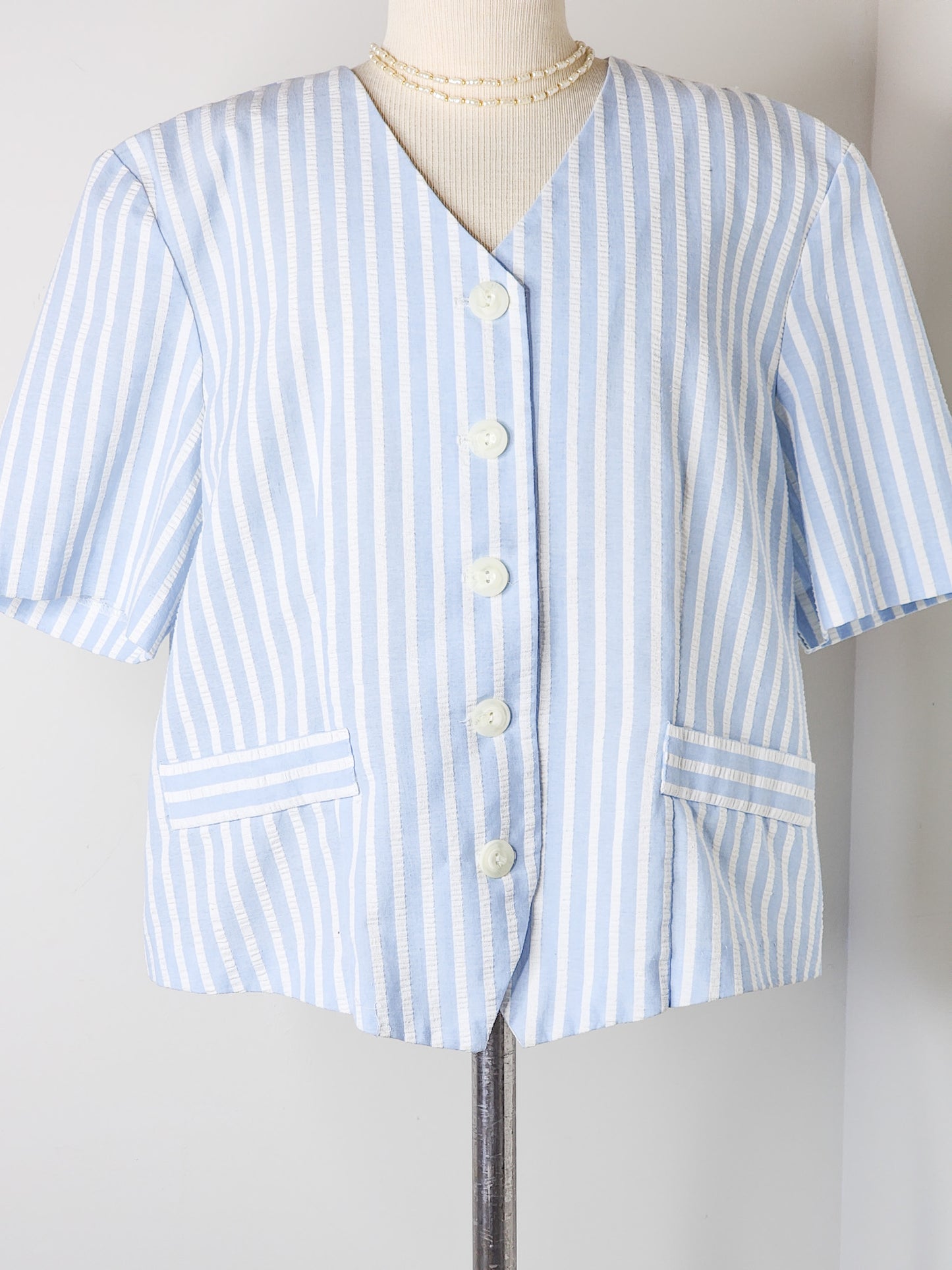 Vtg Striped Blue Blouse Size 10 Womens