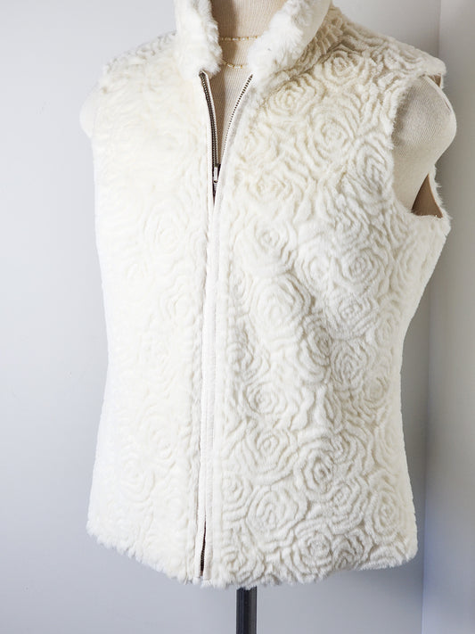 White Shearling Floral Embossed Fur Vest