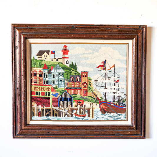 Large Vintage Seaside Embroidery Needlework Seaside Lighthouse Boat Village Framed Art