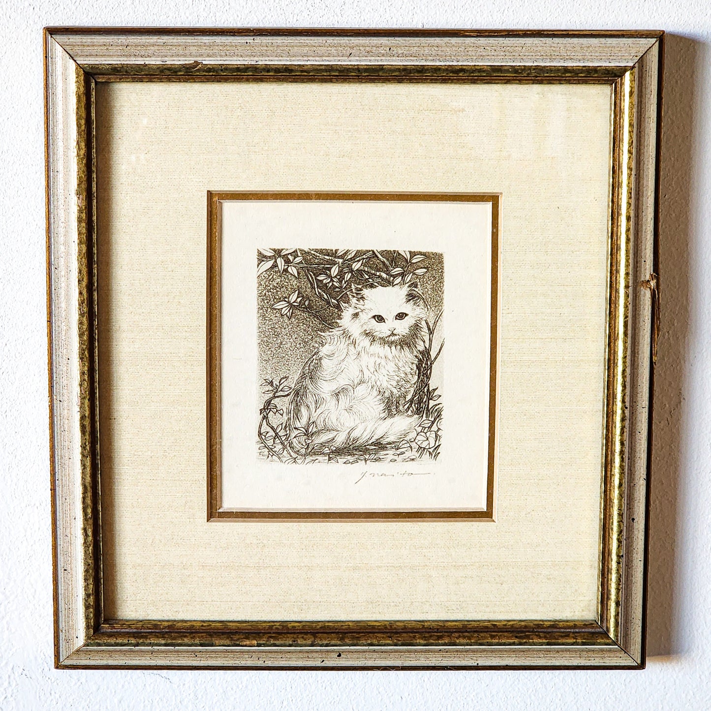 Adorable Vtg Framed Cat Print